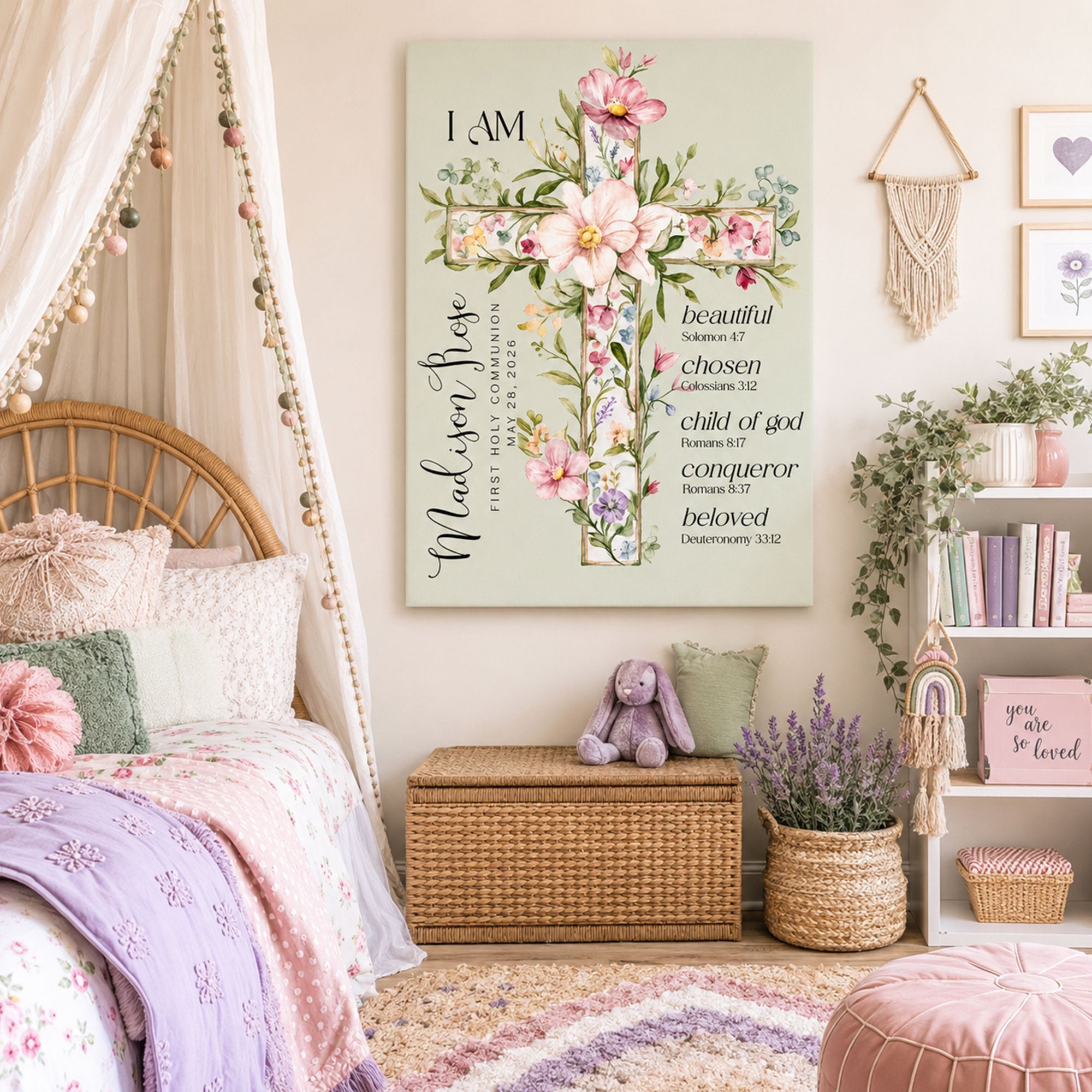 Custom First Communion Gift for Girl, Personalized Floral Cross Canvas Print, Christian Bible Verse Keepsake, Baptism Confirmation Gift