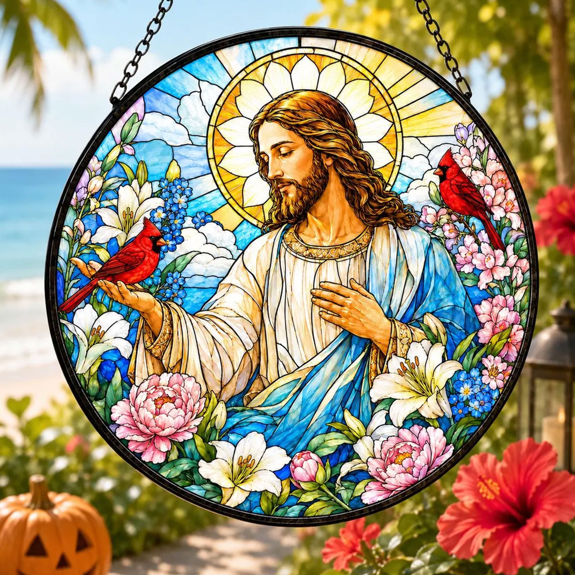 Jesus with Cardinals and Flowers Suncatcher, Christian Window Hanging, Faith Inspired Gift