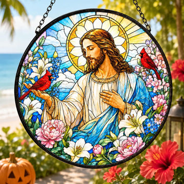 Jesus with Cardinals and Flowers Suncatcher, Christian Window Hanging, Faith Inspired Gift