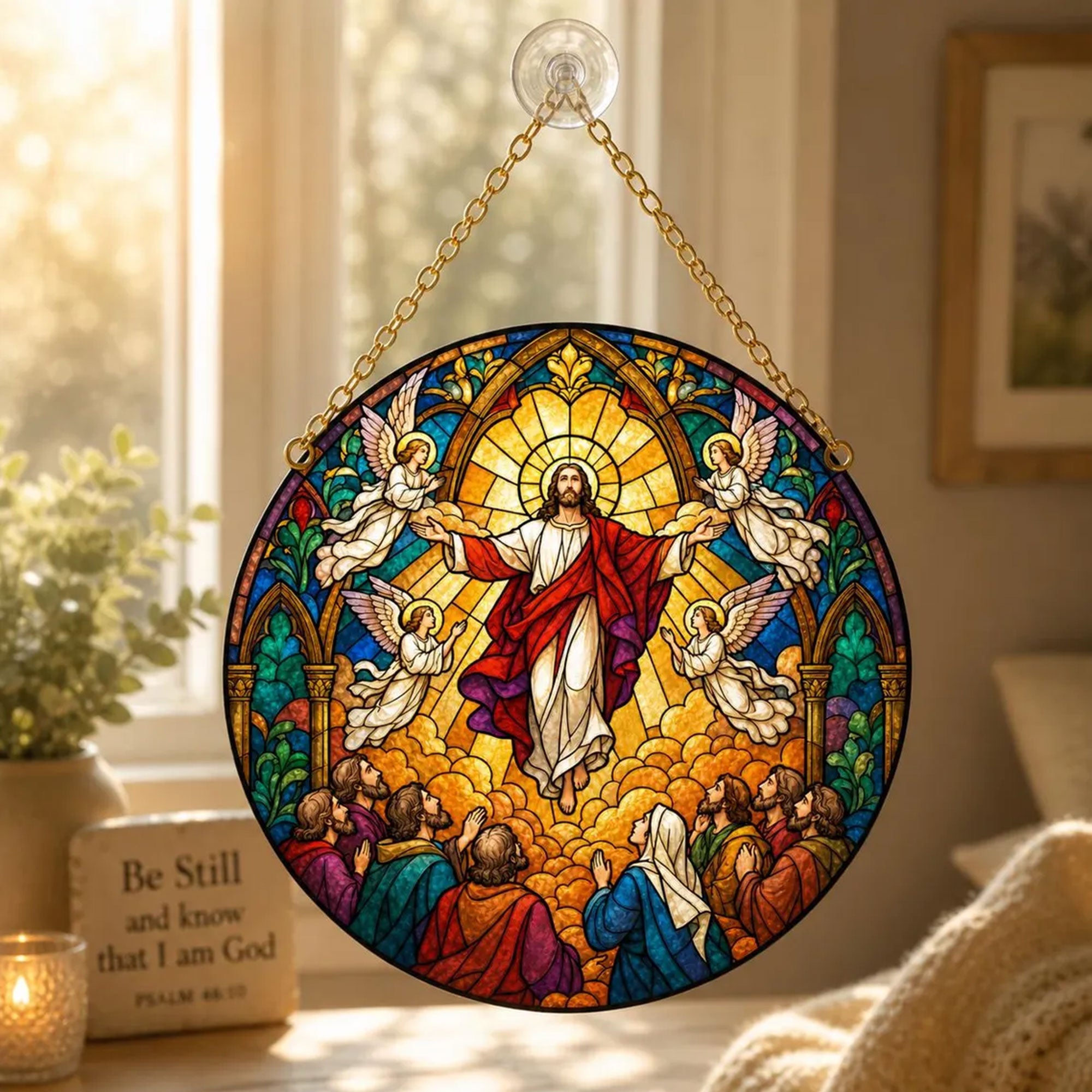 Jesus Ascension Stained Glass Ornament, Christian Window Suncatcher, Faith Decor Gift