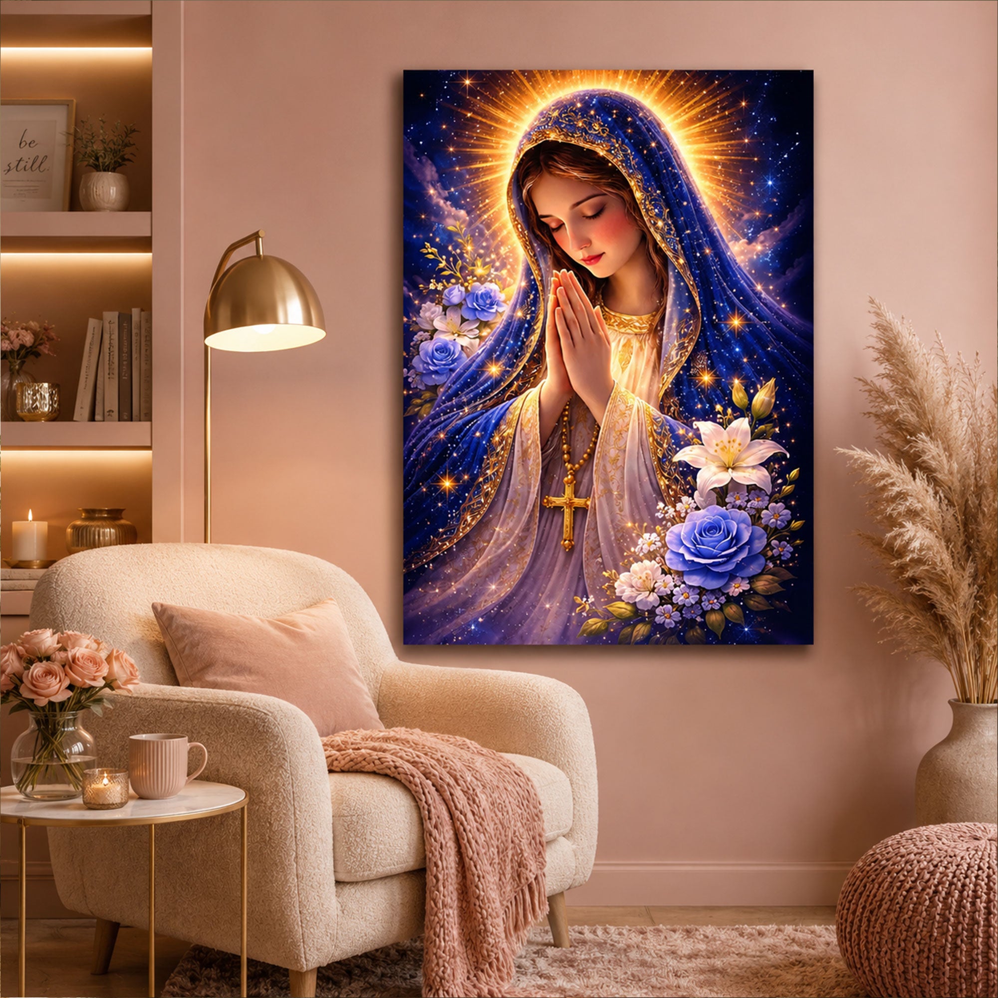 Radiant Virgin Mary Canvas Print, Celestial Christian Wall Art, Floral Catholic Faith Decor, Heavenly Madonna Artwork