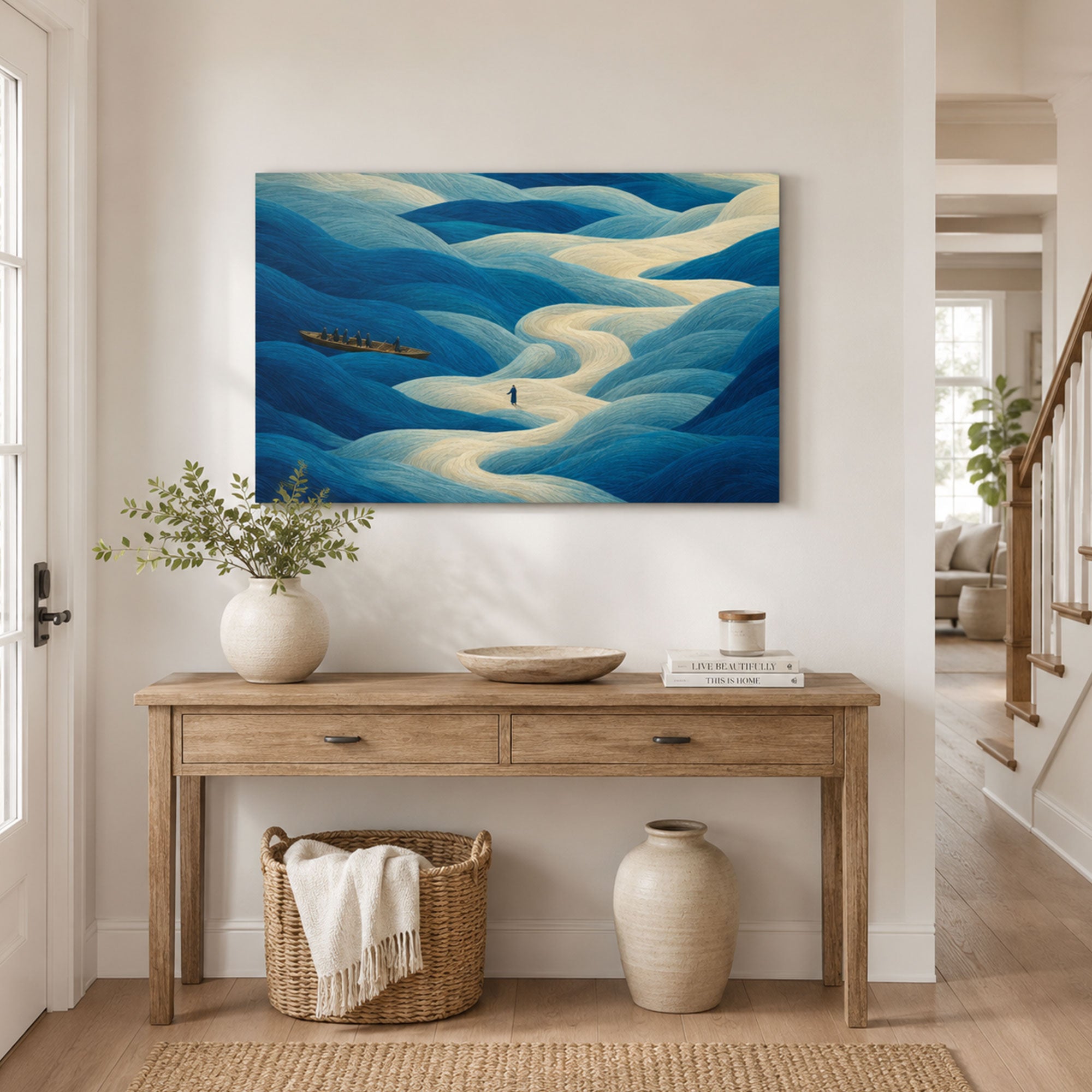 Jesus Walking on Water Abstract Canvas Print, Blue Christian Faith Decor