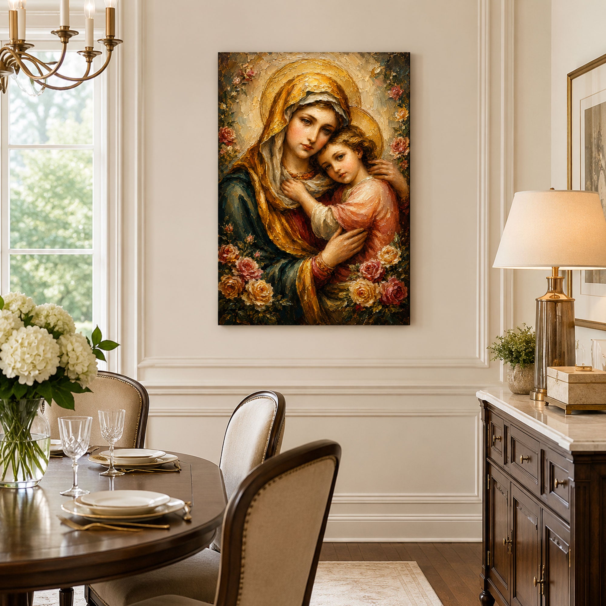 Saint Anne Embracing Young Mary Among Roses Canvas Print, Catholic Decor