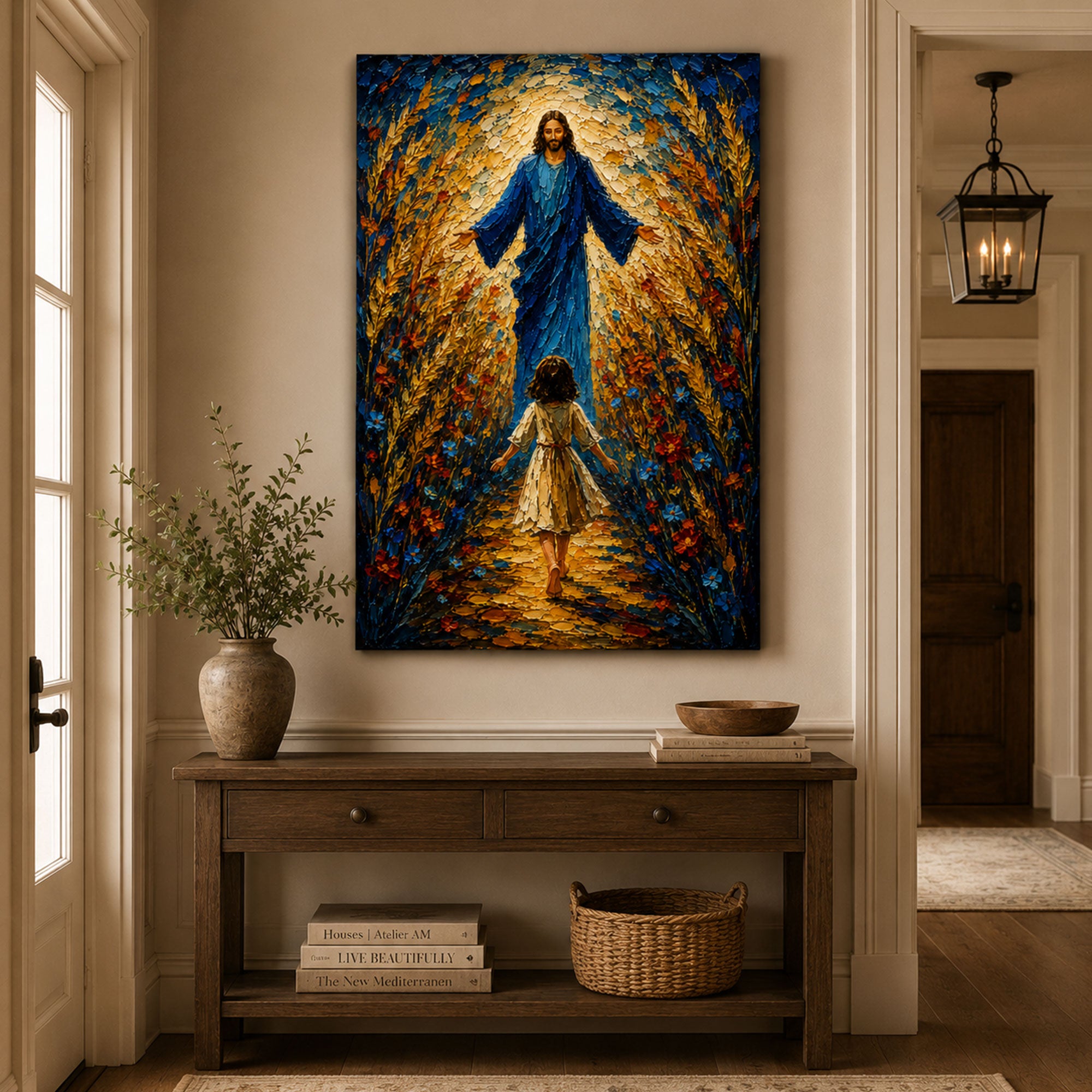 Jesus Welcomes a Little Girl Canvas Print, Christian Child Faith Wall Art, Walk With Jesus Home Decor