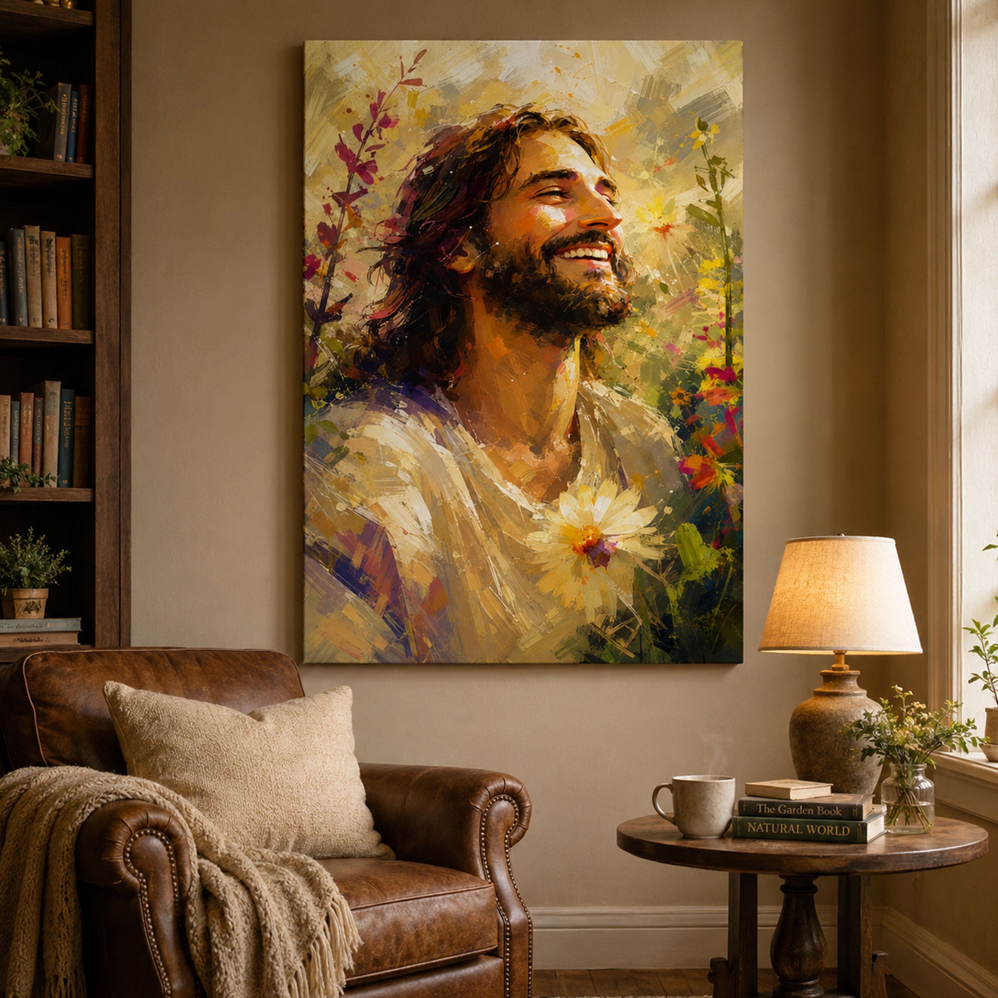 Smiling Jesus Portrait Canvas Print, Joyful Christian Wall Art, Floral Faith Home Decor