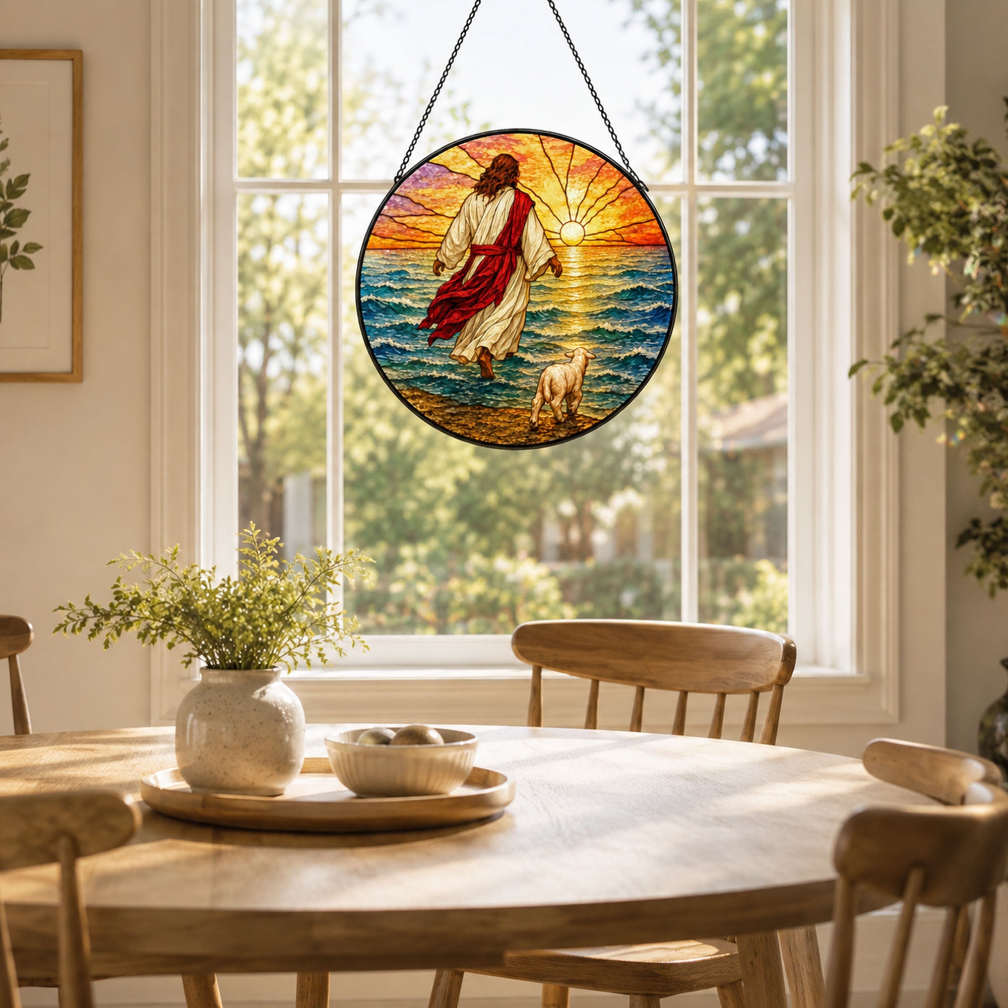 Follow Jesus Suncatcher, Christ Walking on Water with Lamb, Christian Faith Window Decor