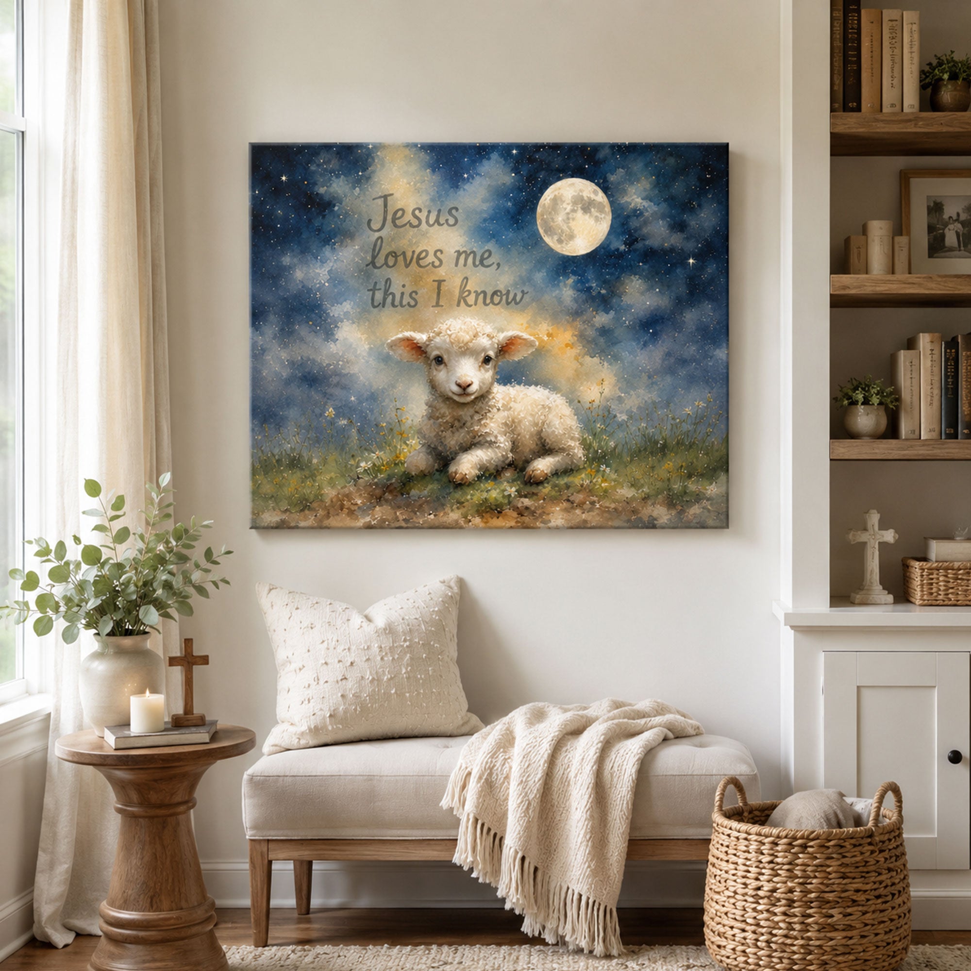 Jesus Loves Me This I Know Canvas Print, Moonlit Lamb Christian Decor