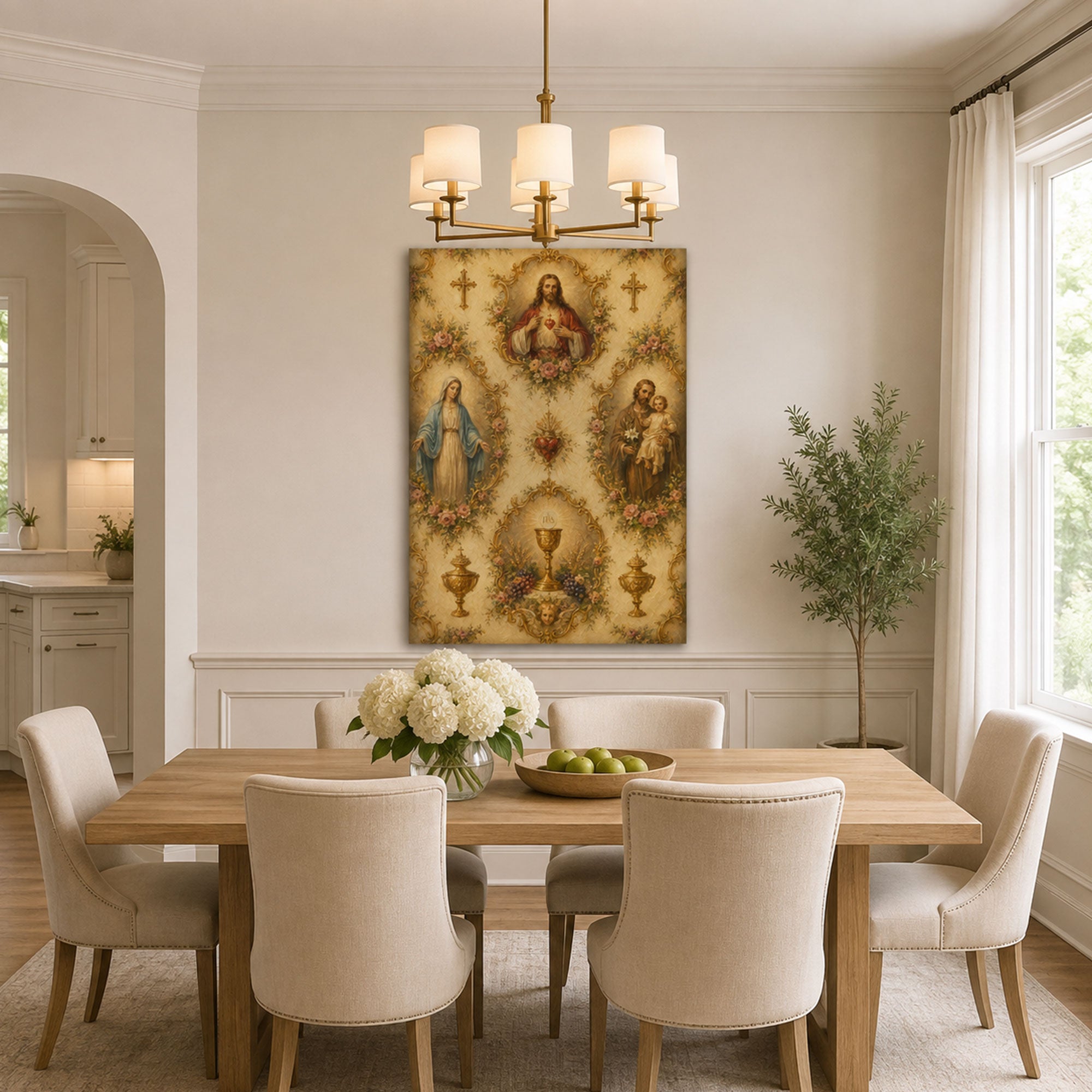 Holy Family & Eucharist Canvas Print, Sacred Heart Jesus, Mary and Saint Joseph Catholic Wall Decor