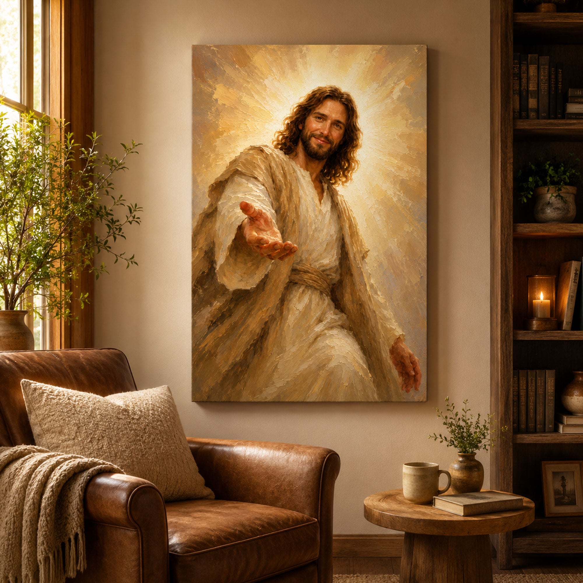 Smiling Jesus Reaching Out Canvas Print, Peaceful Christian Wall Art, Faith Home Decor