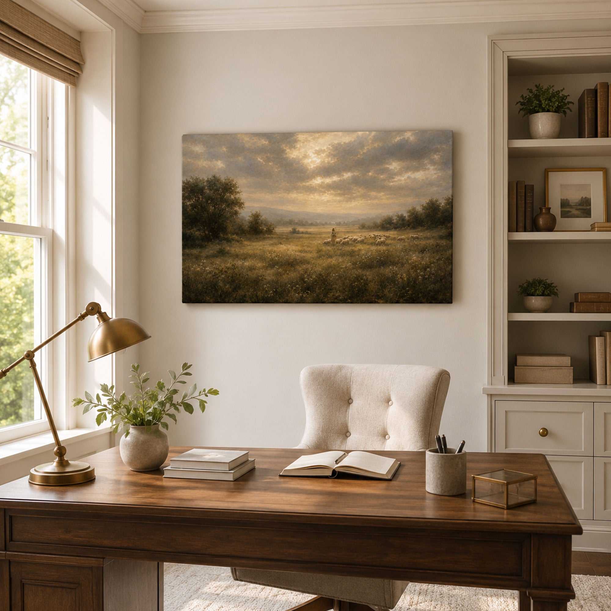 Jesus the Good Shepherd in Meadow Canvas Print, Christian Home Decor