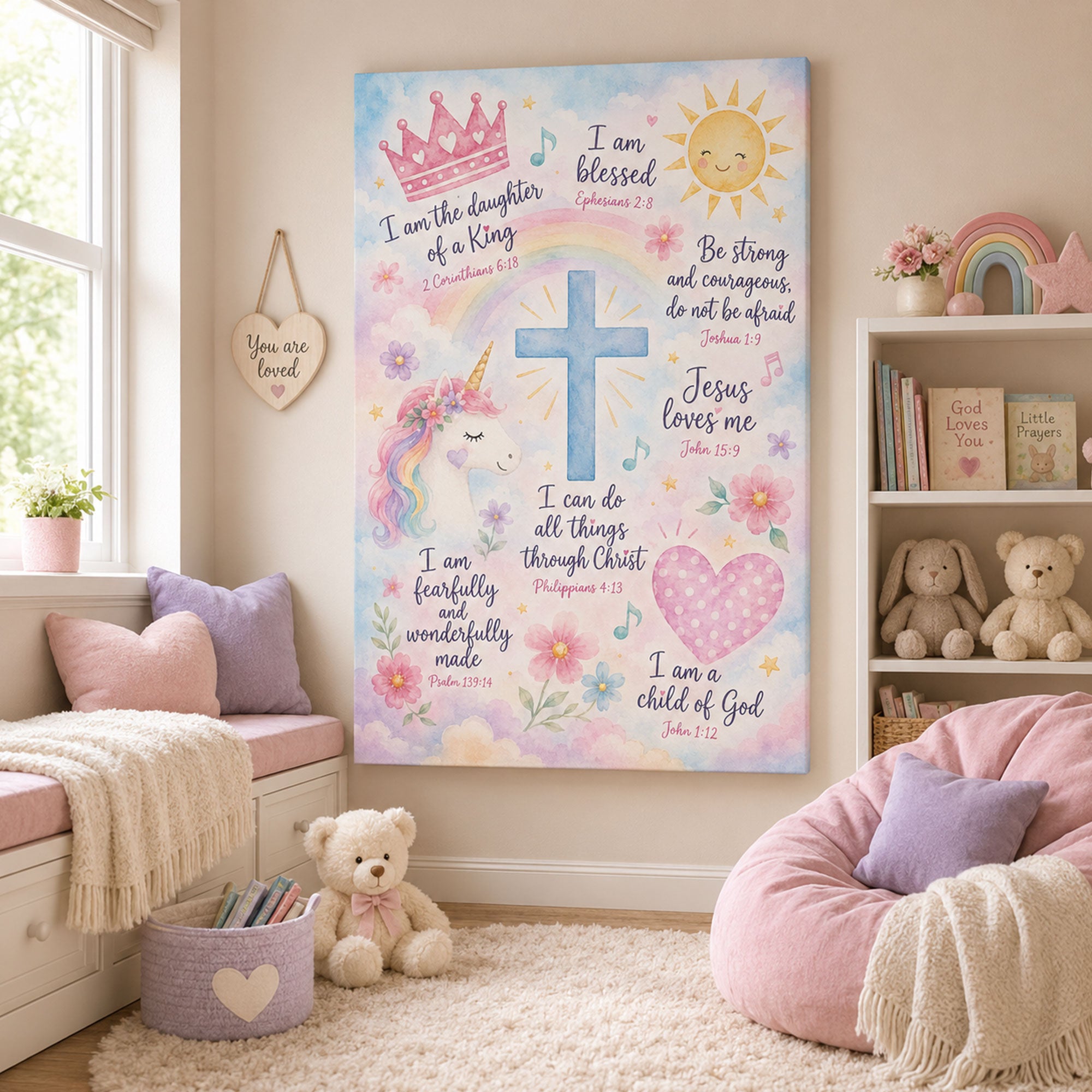 Christian Girls Nursery Wall Art Bible Verse Affirmation Canvas Print Pink Pastel Watercolor Faith Decor
