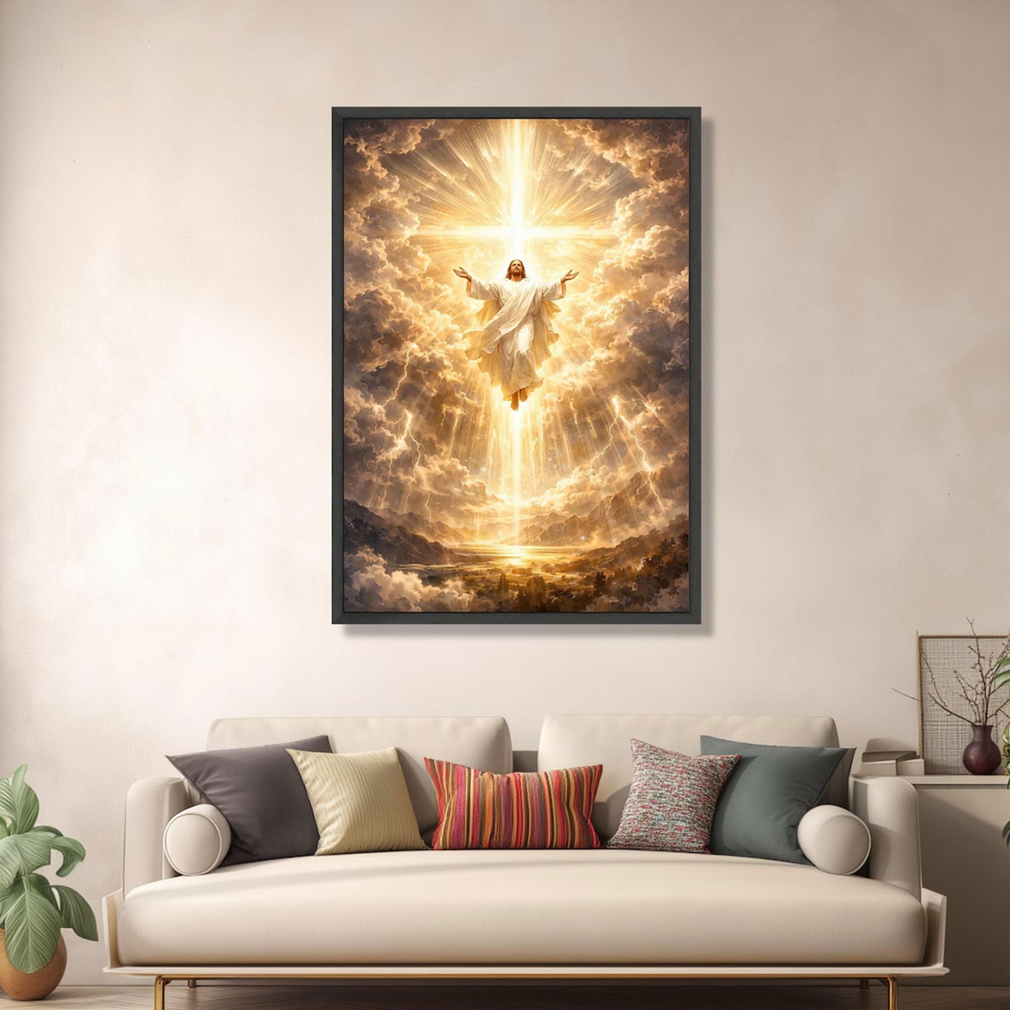 Radiant Jesus Ascending Canvas Print, Divine Light Cross Wall Art, Christian Spiritual Decor, Heavenly Glory Landscape