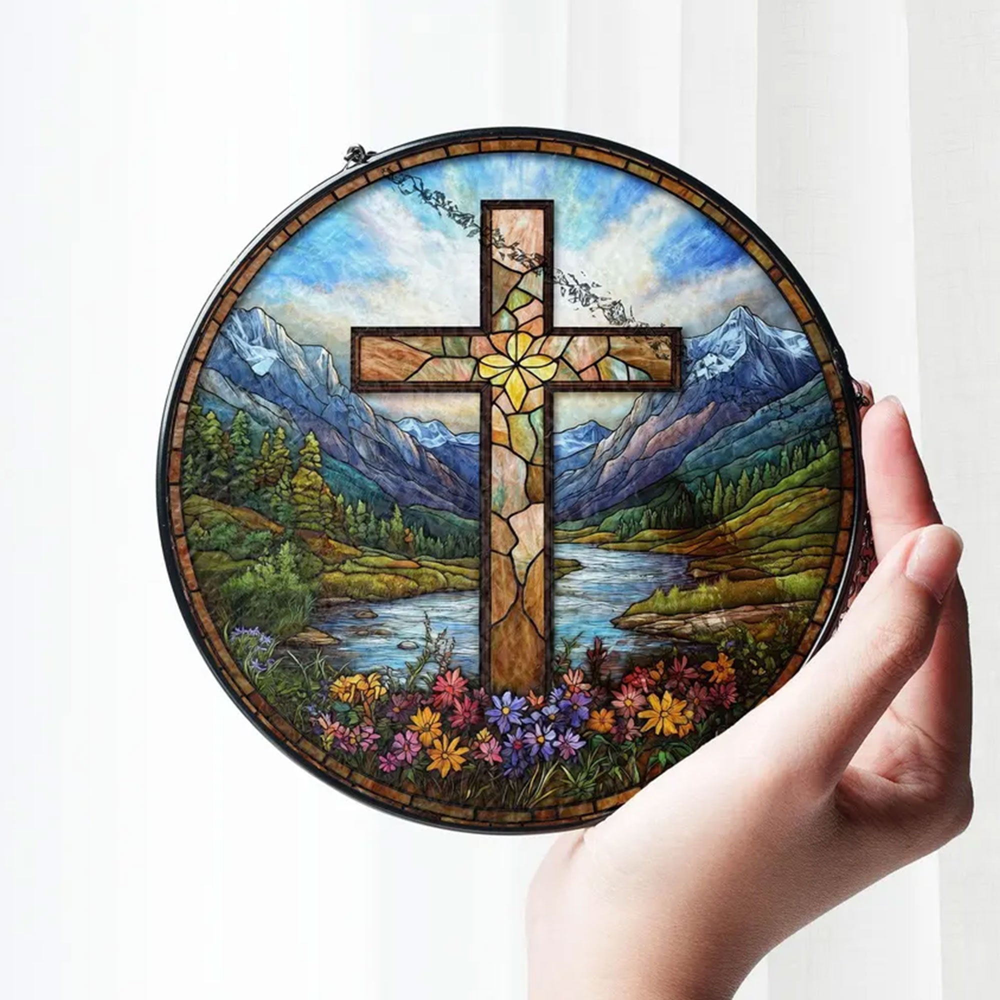 Stained Glass Cross Suncatcher with Wildflowers and Sunset, Christian Window Hanging, Mountain River Decor, Faith Gift
