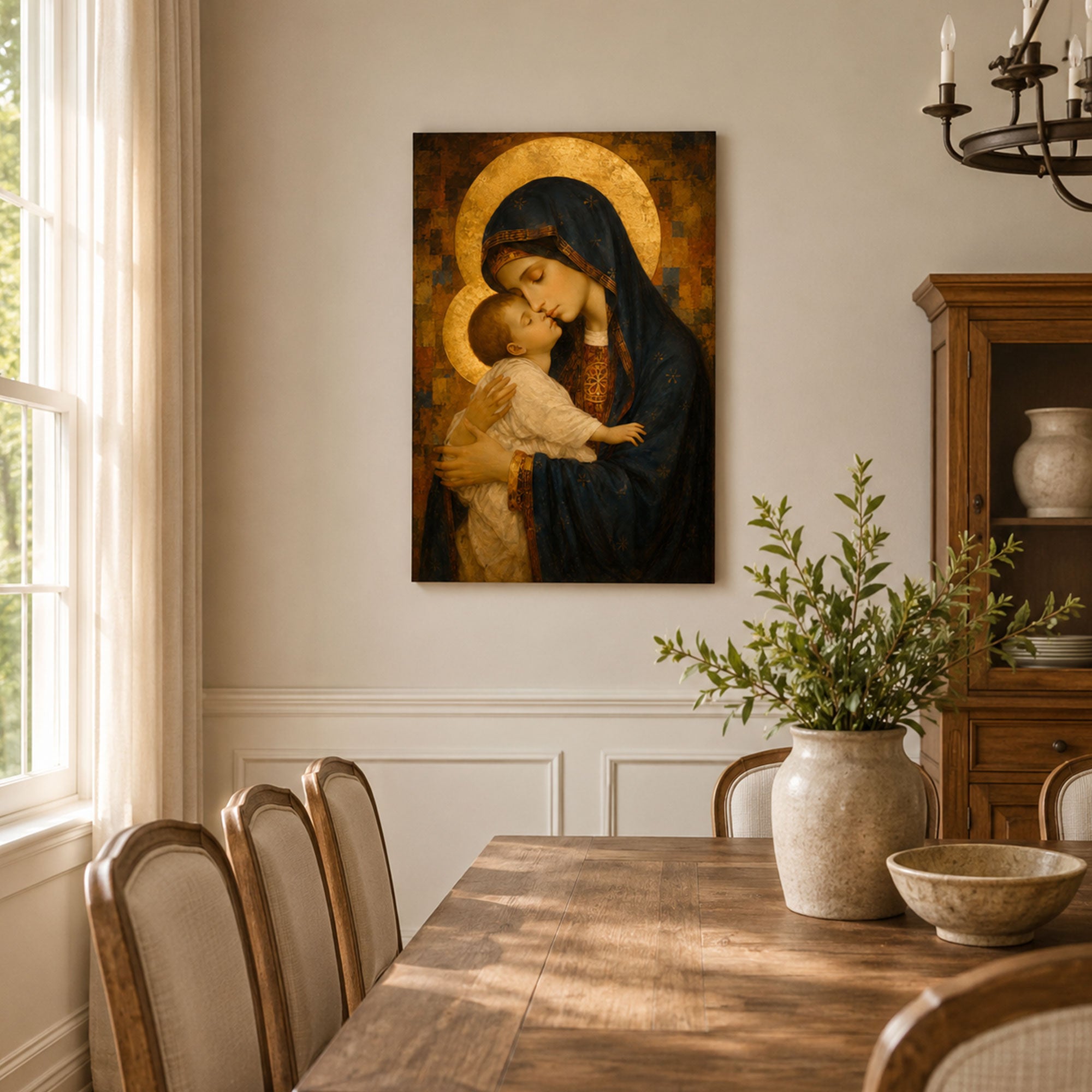 Virgin Mary Holding Baby Jesus Canvas Print, Christian Home Decor