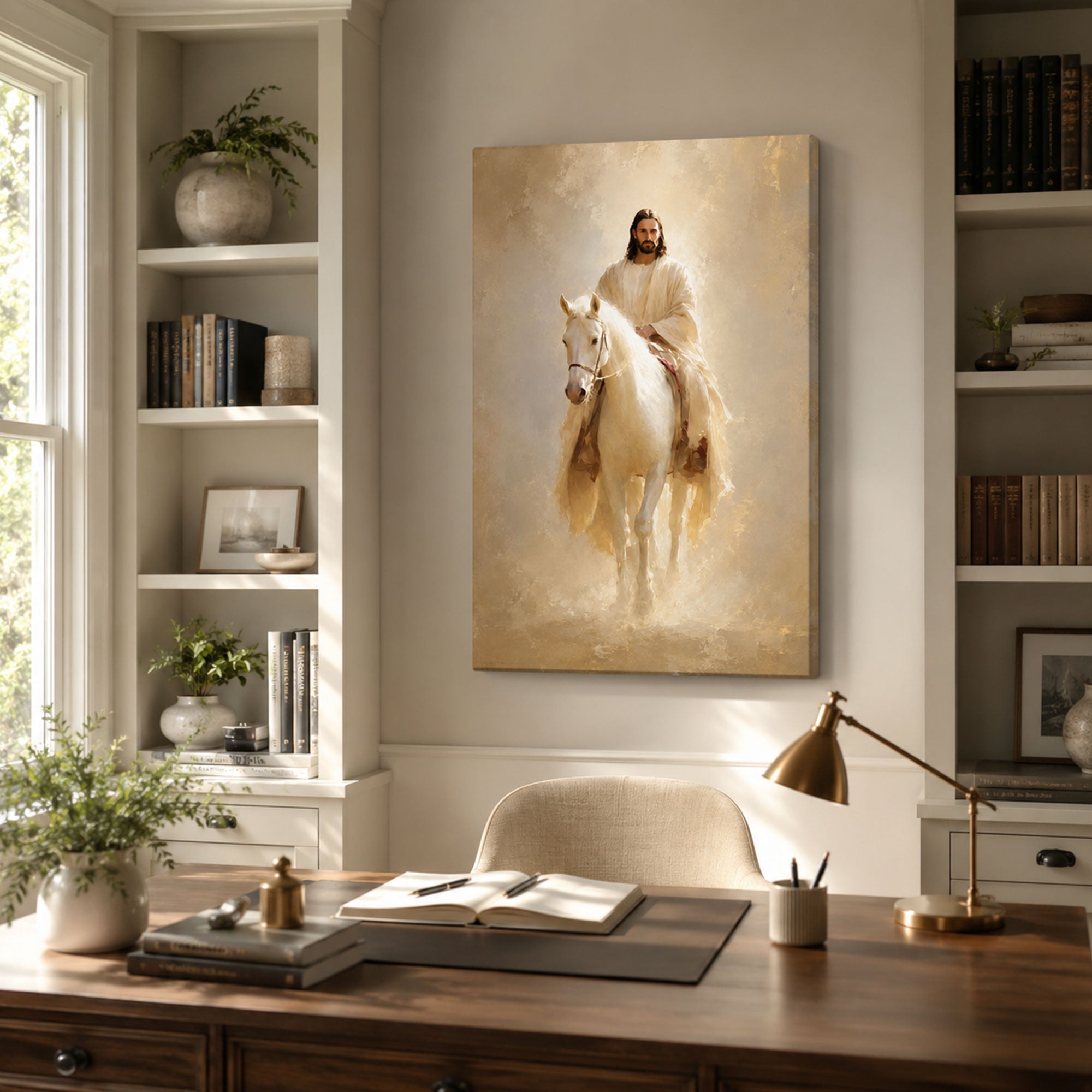 Jesus on White Horse Canvas Print, Second Coming Christian Wall Art, White and Gold Faith Home Decor Gift