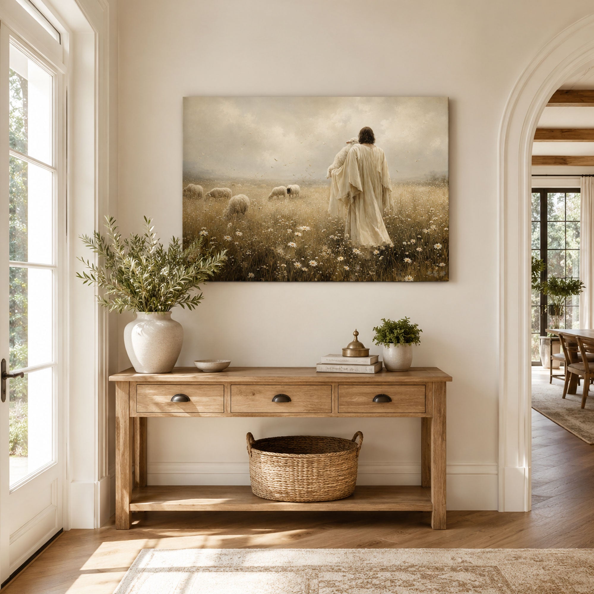 Jesus the Good Shepherd Canvas Print, Lamb and Meadow Christian Wall Art, Peaceful Faith Home Decor Gift