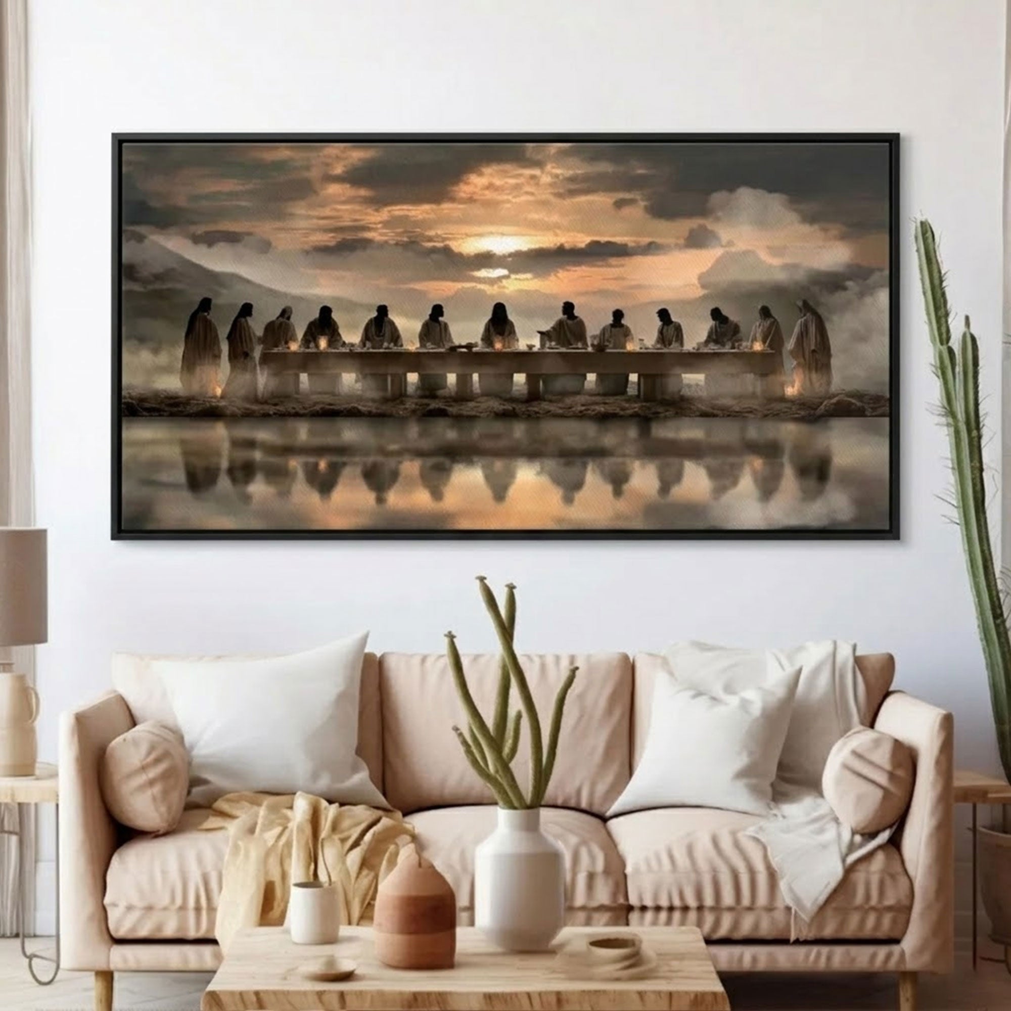 Sacred Supper Horizon Framed Canvas Print, Jesus The Last Supper Wall Art, Christian Religious Painting, Modern Church Home Decor, Christmas Faith Gift