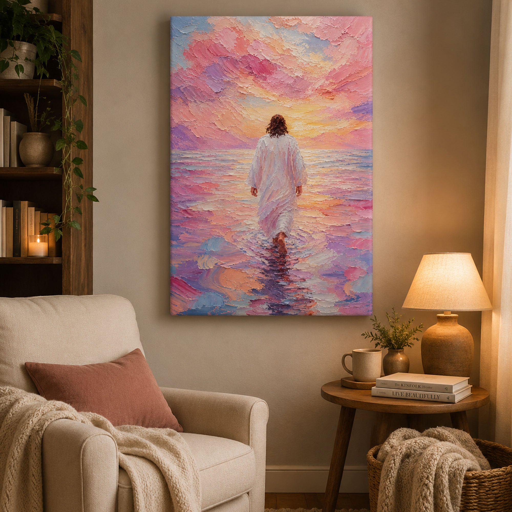 Jesus Walking on Water Canvas Print, Pastel Ocean Christian Wall Art, Faith and Peace Home Decor