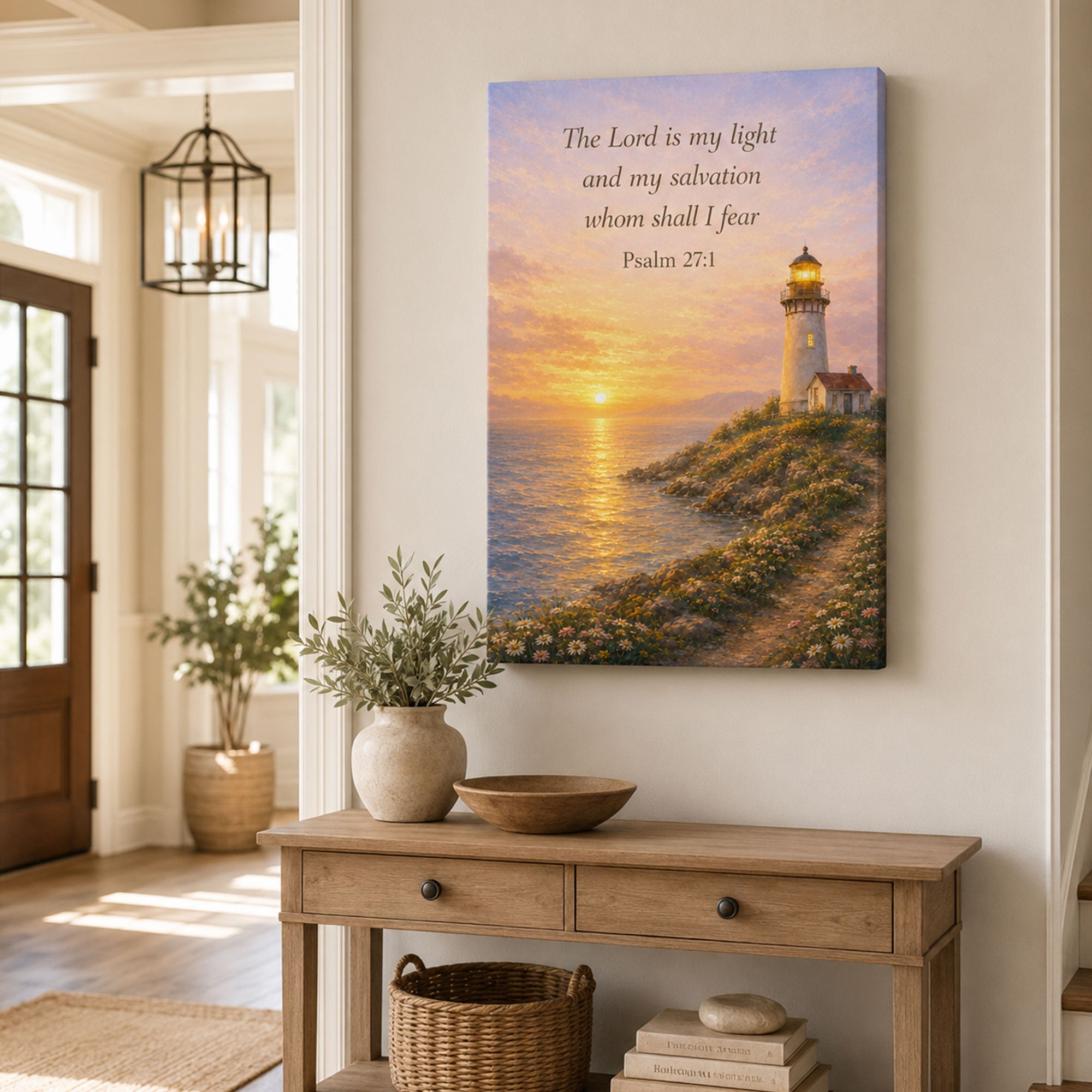 Psalm 27:1 Lighthouse Canvas Print, The Lord Is My Light Christian Wall Art, Coastal Faith Home Decor Gift