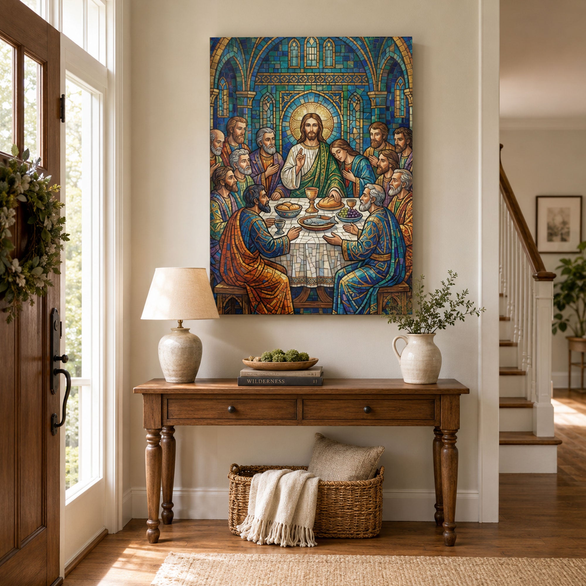 Last Supper Stained Glass Canvas Print, Christian Eucharist Wall Art, Catholic Faith Home Decor