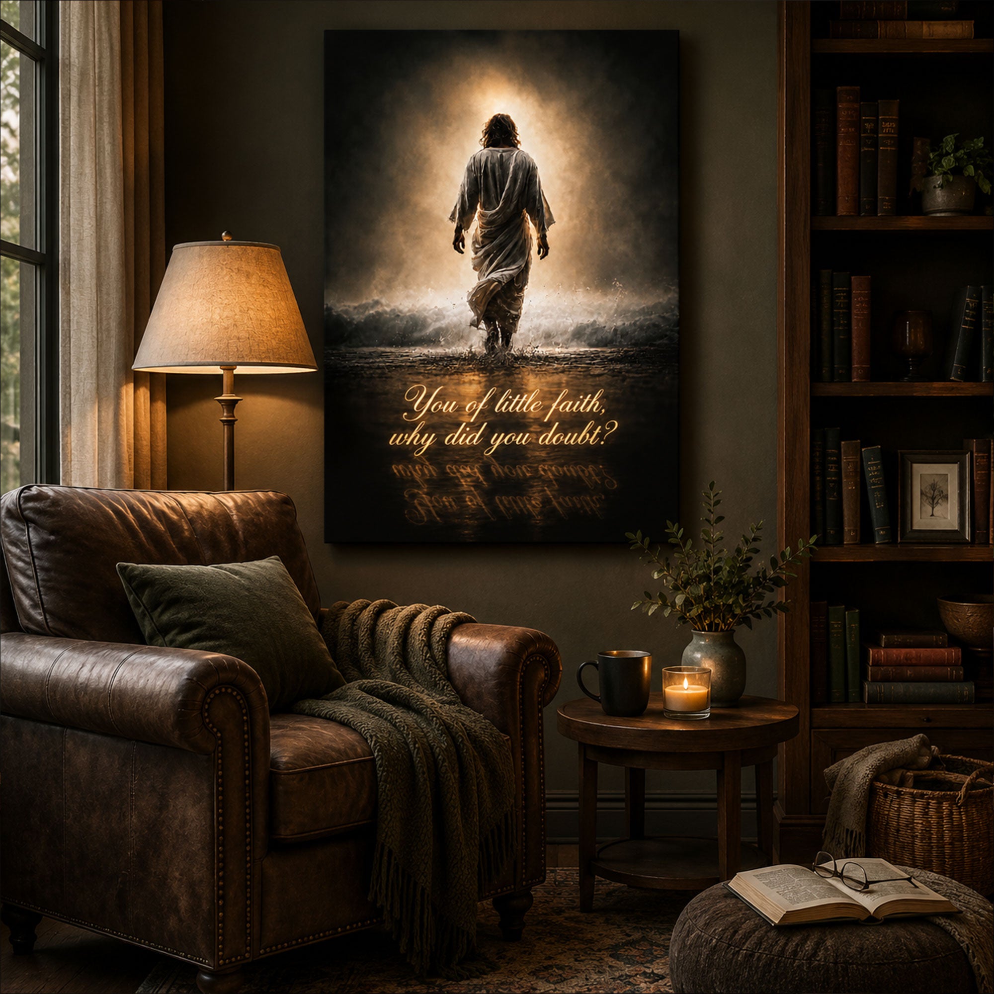 You of Little Faith Canvas Print, Jesus Walking on Water Christian Wall Art, Inspirational Bible Verse Faith Decor