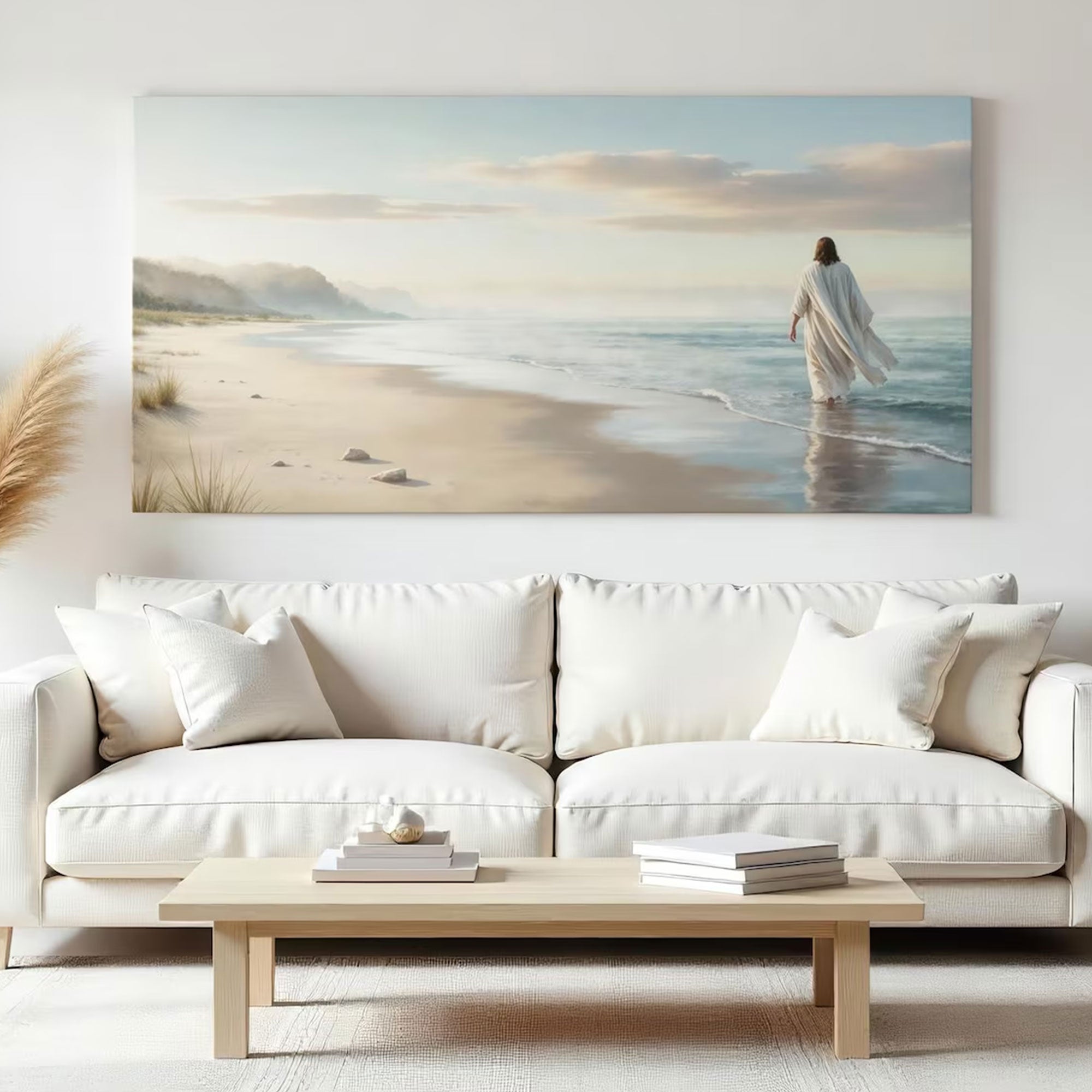 Jesus Beach Canvas Print, Coastal Christian Wall Art, Large Religious Ocean Decor