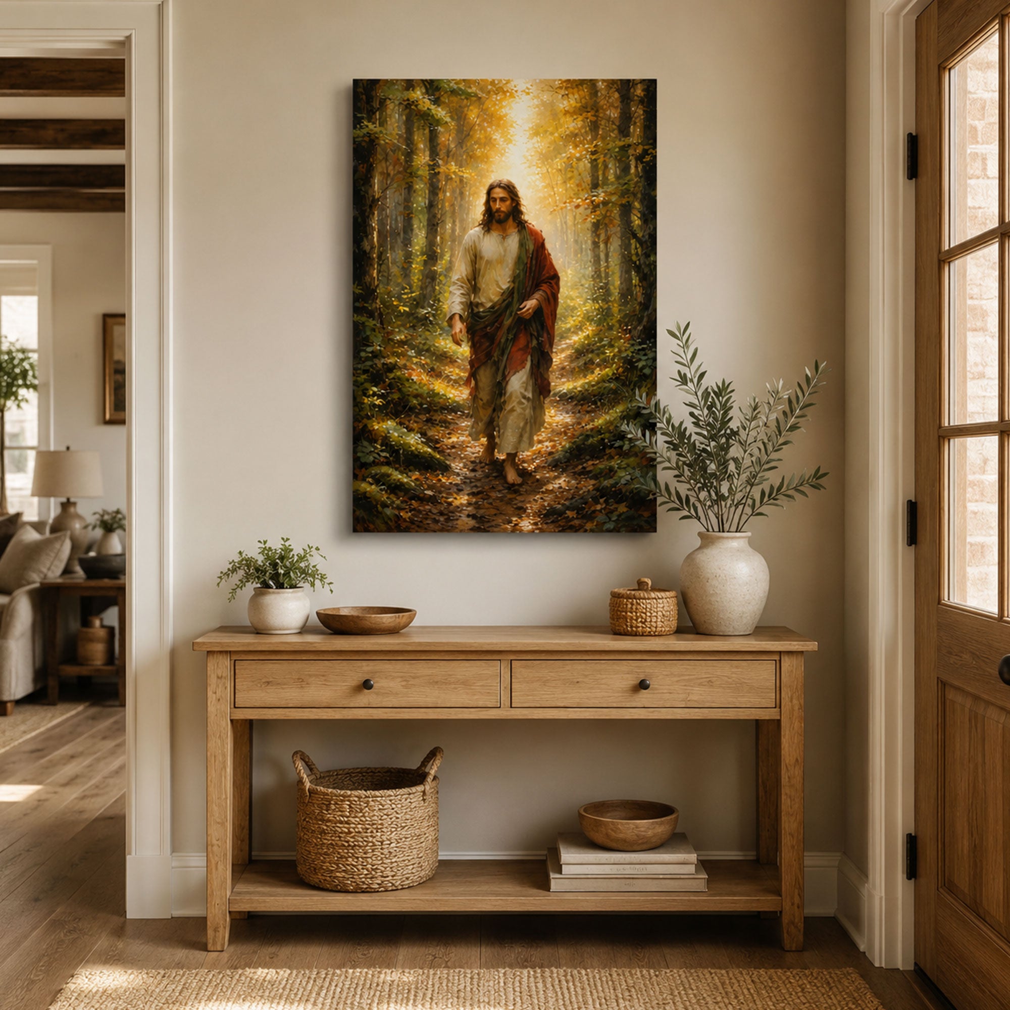 Jesus Walking the Autumn Path Canvas Print, Golden Forest Christian Decor