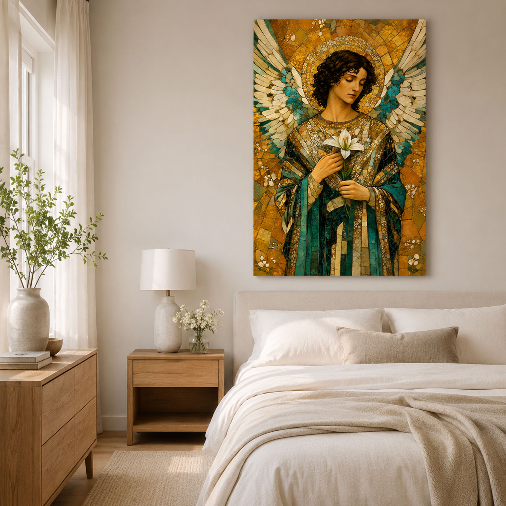 Archangel Gabriel with Lily Canvas Print, Catholic Angel Wall Art, Faith Home Decor Gift