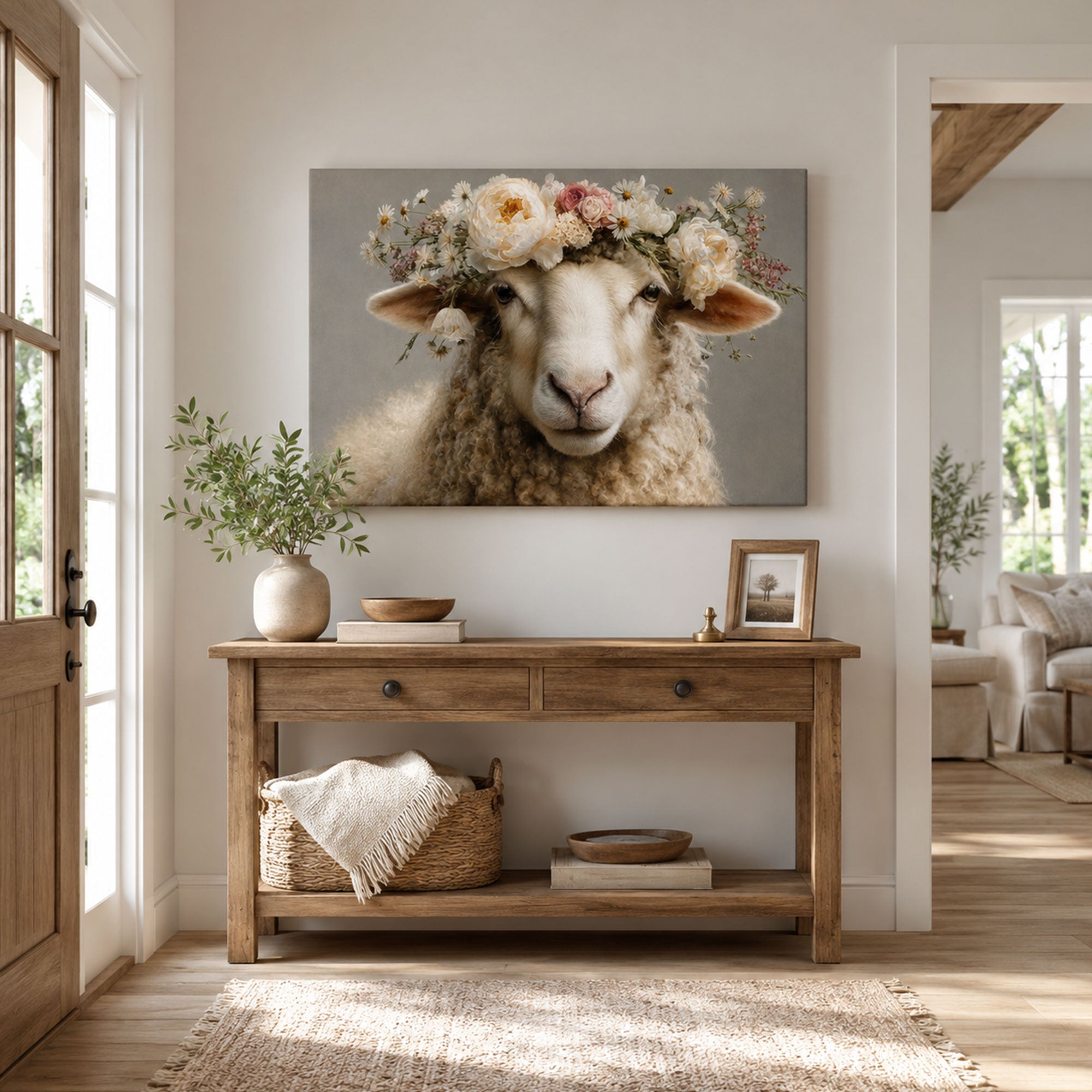 Floral Lamb Canvas Print, Gentle Christian Faith Decor