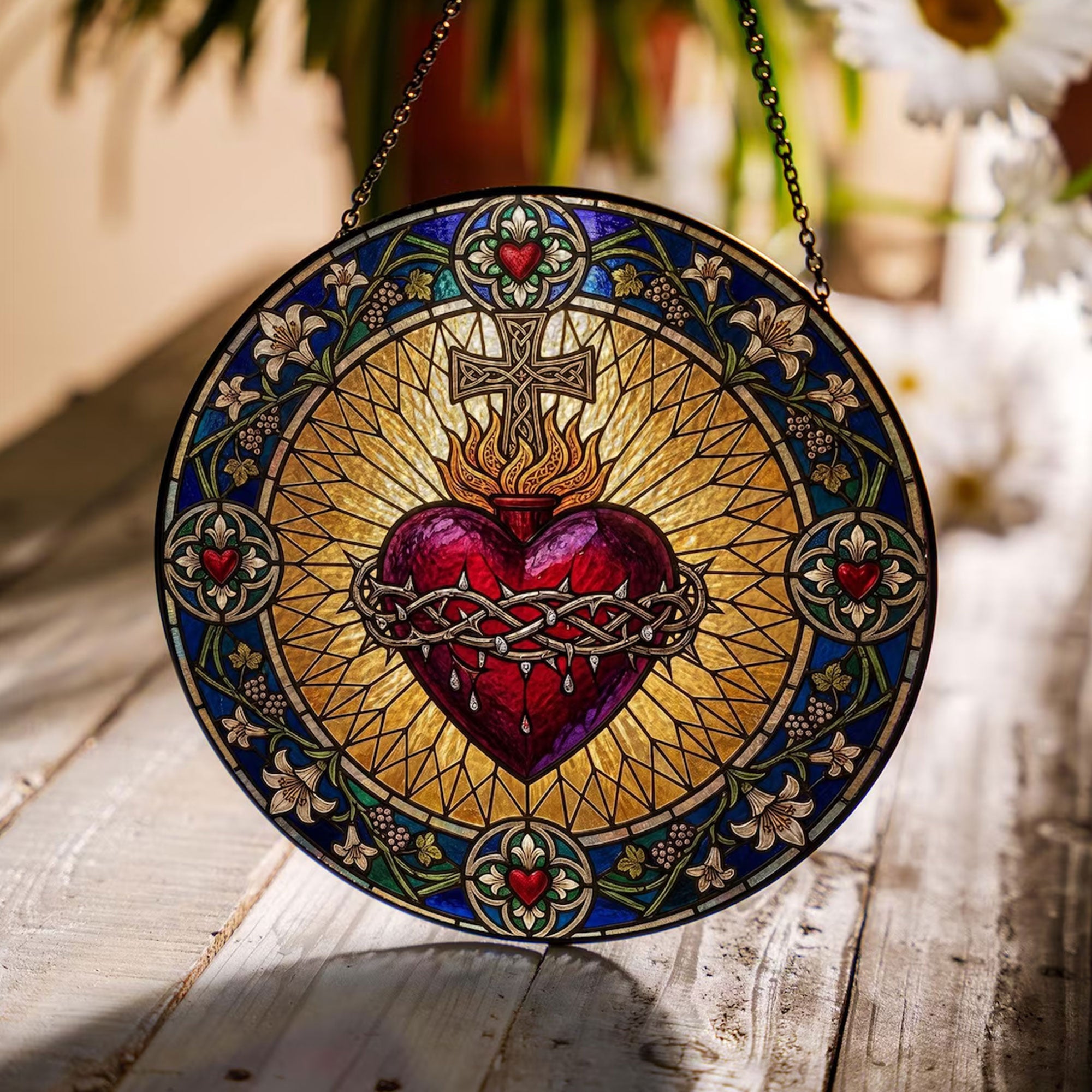 Sacred Heart Stained Glass Suncatcher, Catholic Window Hanging, First Communion Gift