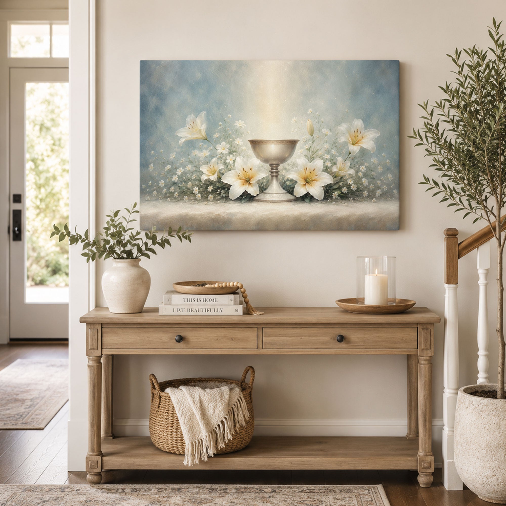 Holy Communion Chalice Canvas Print, White Lily Catholic Wall Art, Soft Blue Faith Home Decor Gift