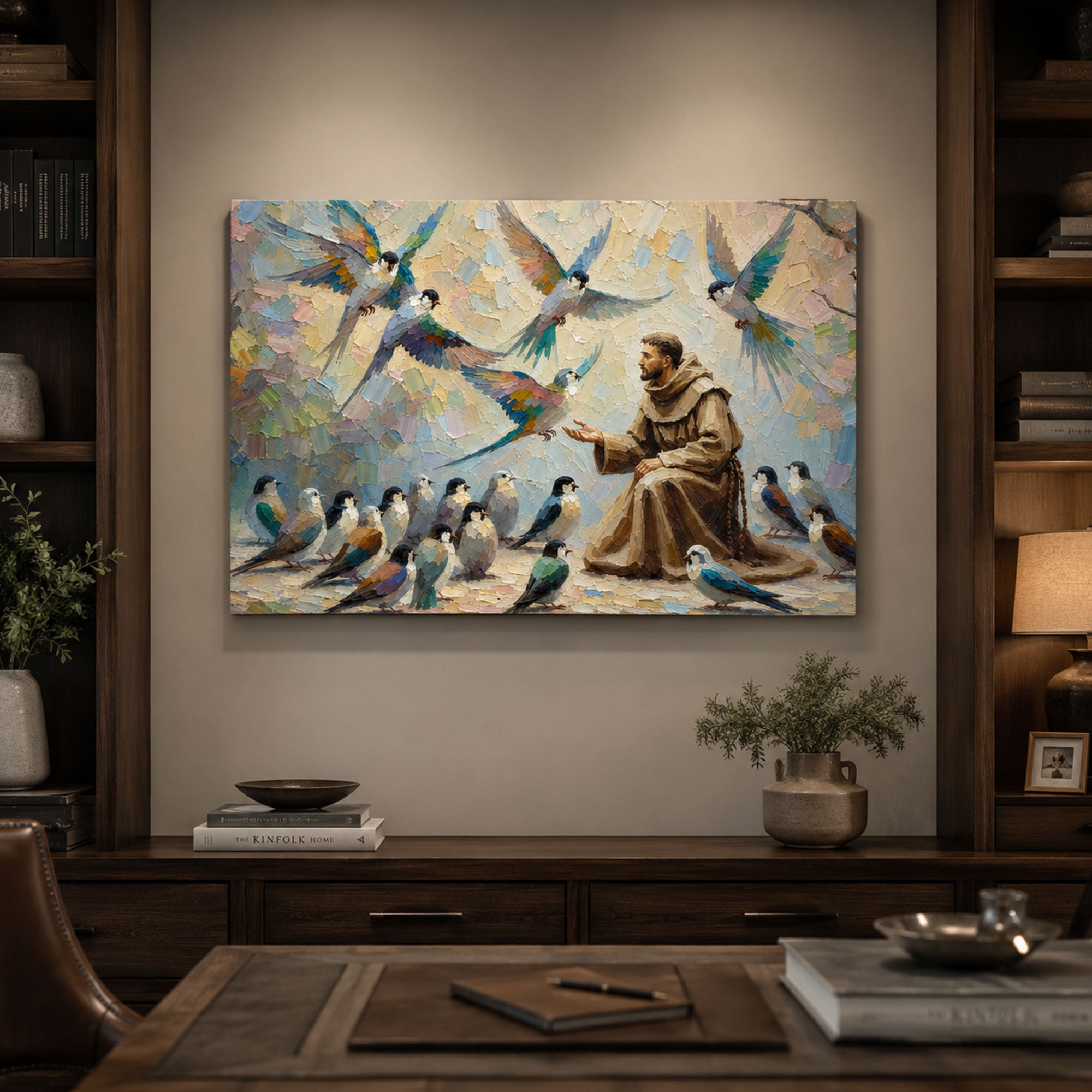 Saint Francis of Assisi Canvas Print, Catholic Saint Wall Art with Birds, Christian Home Decor Gift