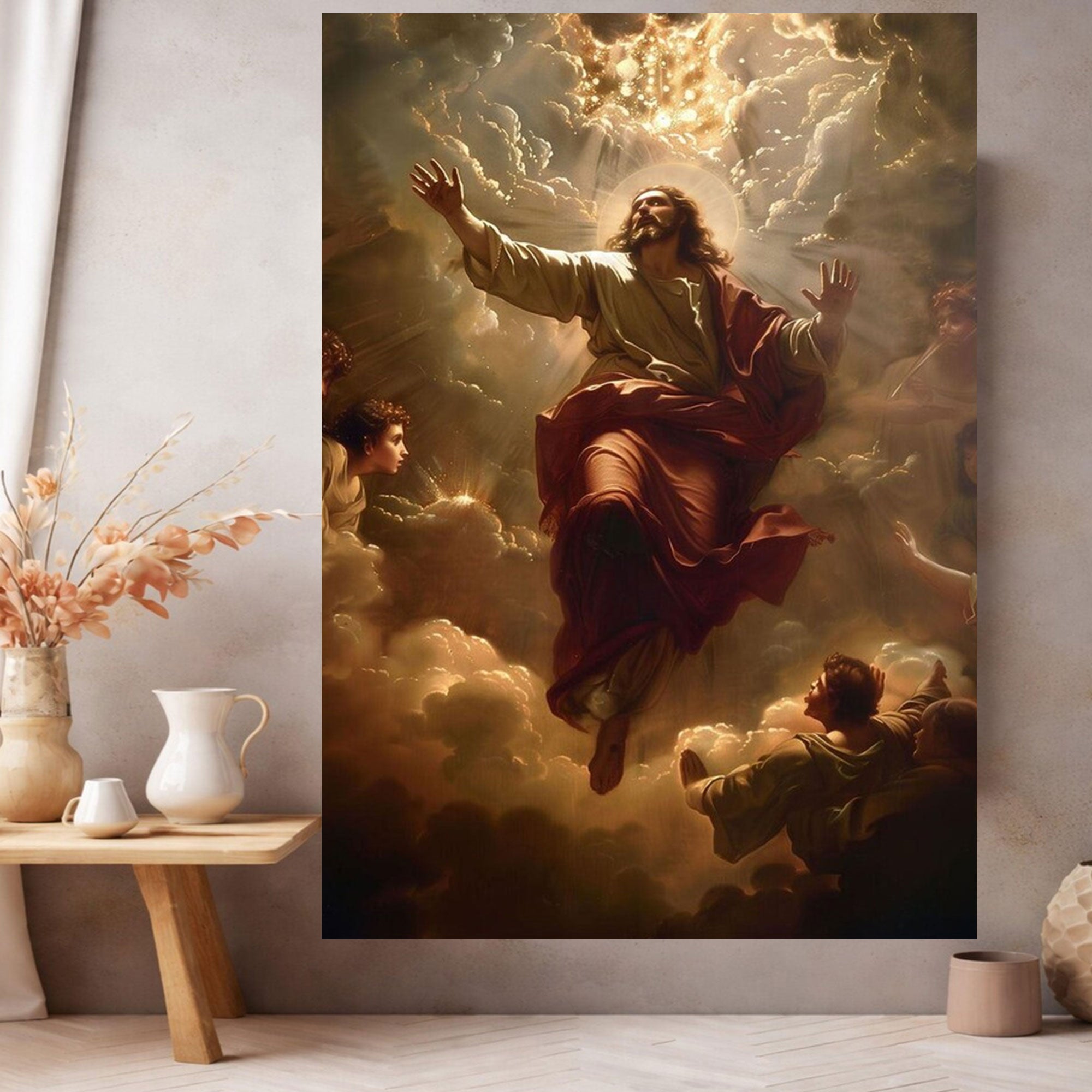 Ascending Christ Canvas Print, Christian Wall Art, Divine Light Decor, Heavenly Clouds Scene