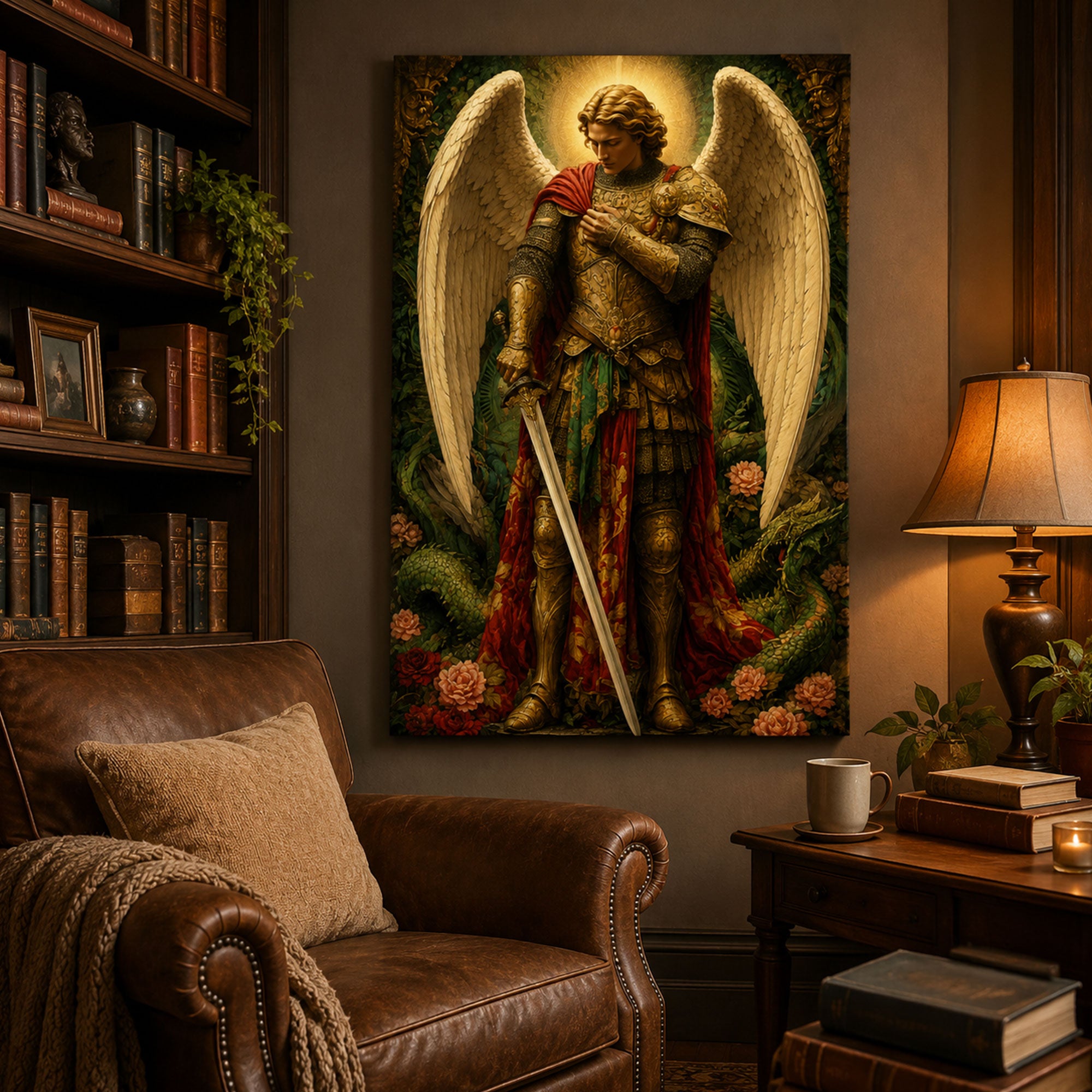 Saint Michael Archangel with Sword Canvas Print, Catholic Warrior Angel Wall Art, Faith Home Decor Gift