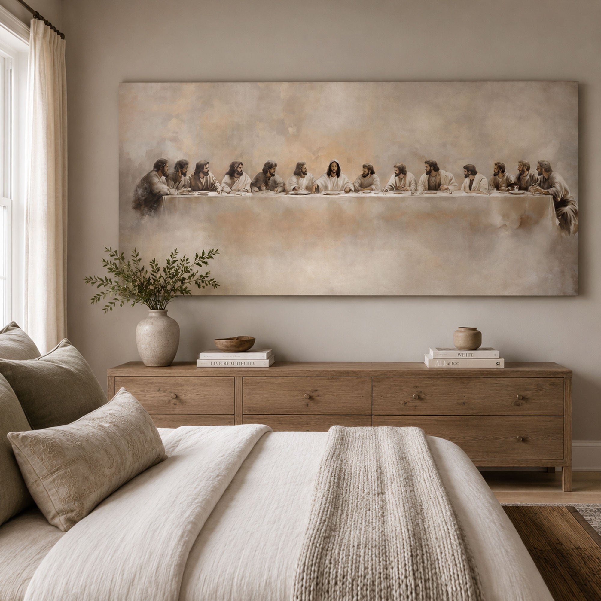 Neutral Last Supper Canvas Print Minimalist Jesus and Apostles Christian Wall Art Modern Faith Decor