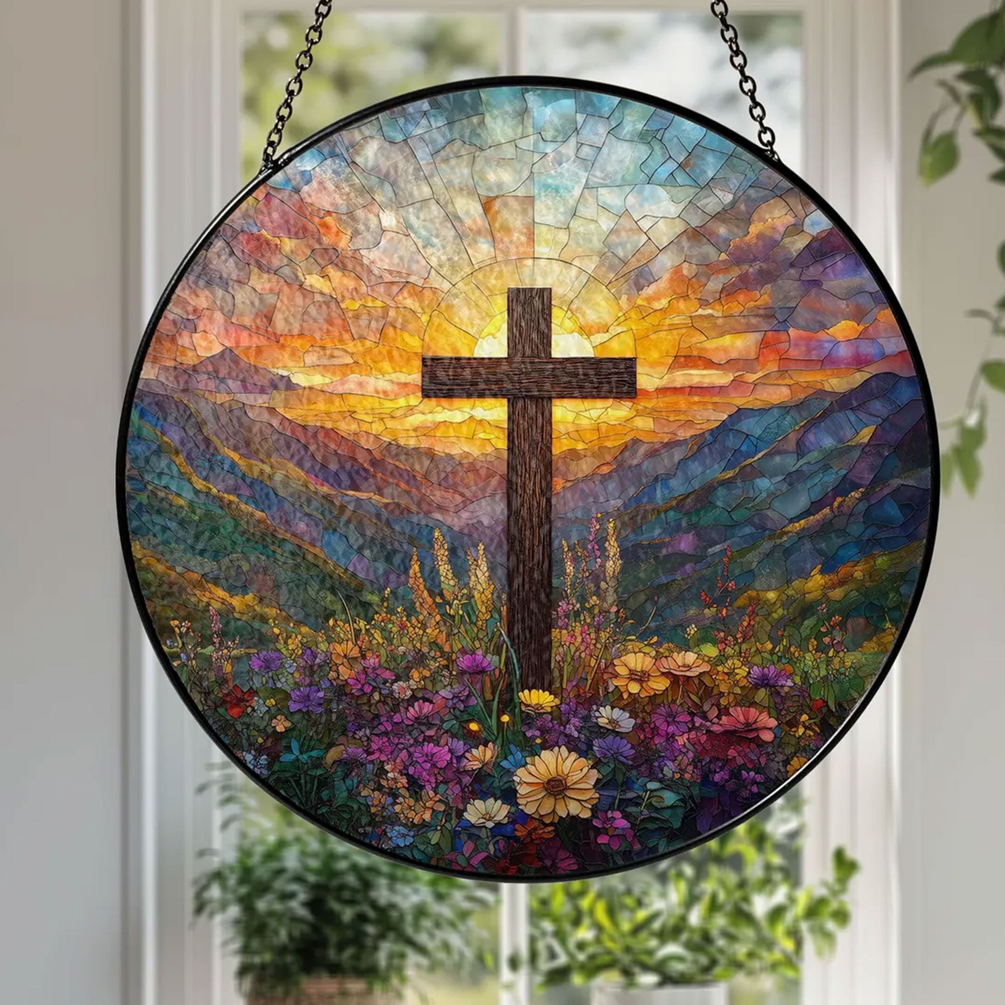 Stained Glass Cross with Wildflowers Suncatcher, Christian Window Hanging Decor, Floral Faith Gift, Religious Home Ornament