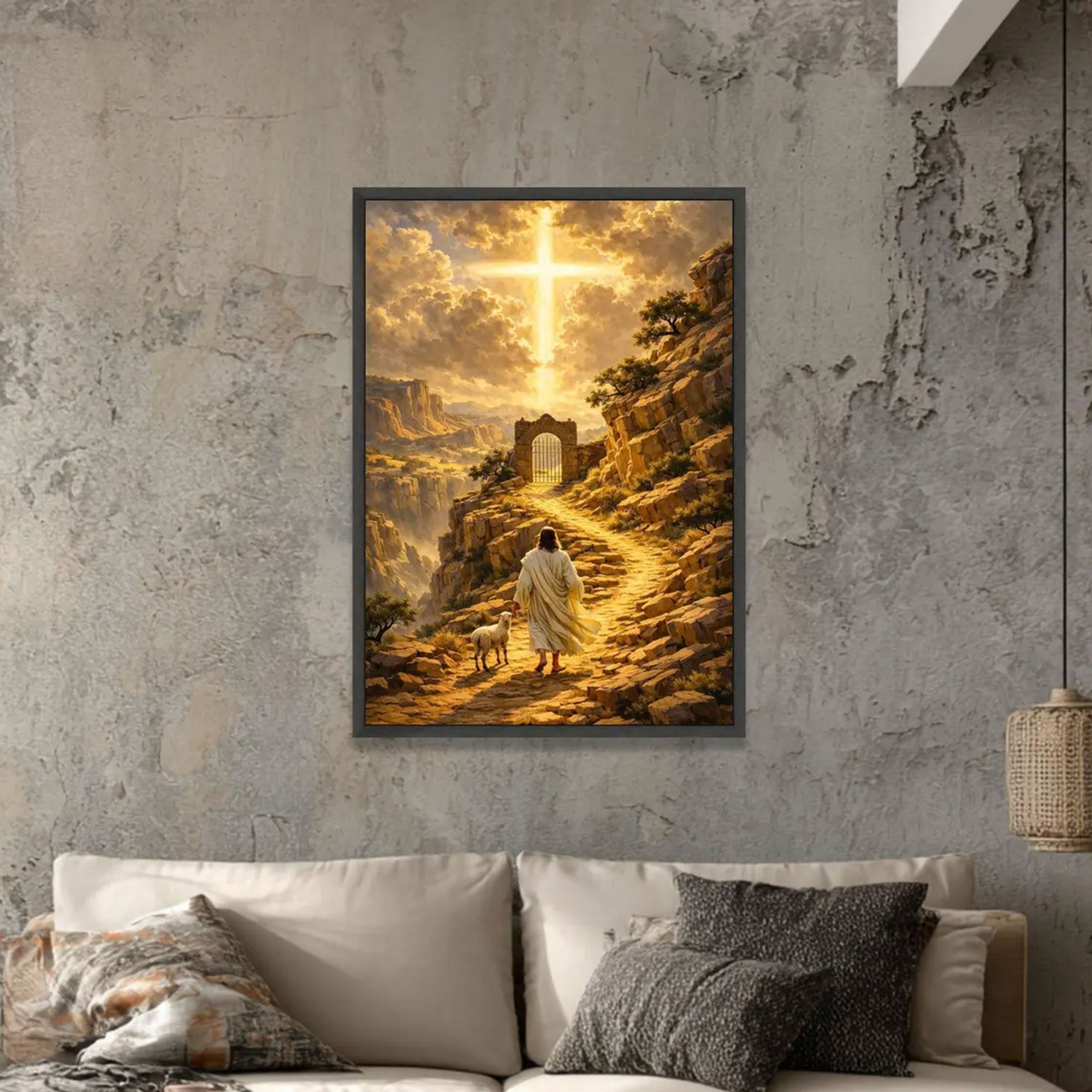 Spiritual Pathway Canvas Print, Jesus with Lamb Wall Art, Glowing Cross Landscape, Christian Religious Decor