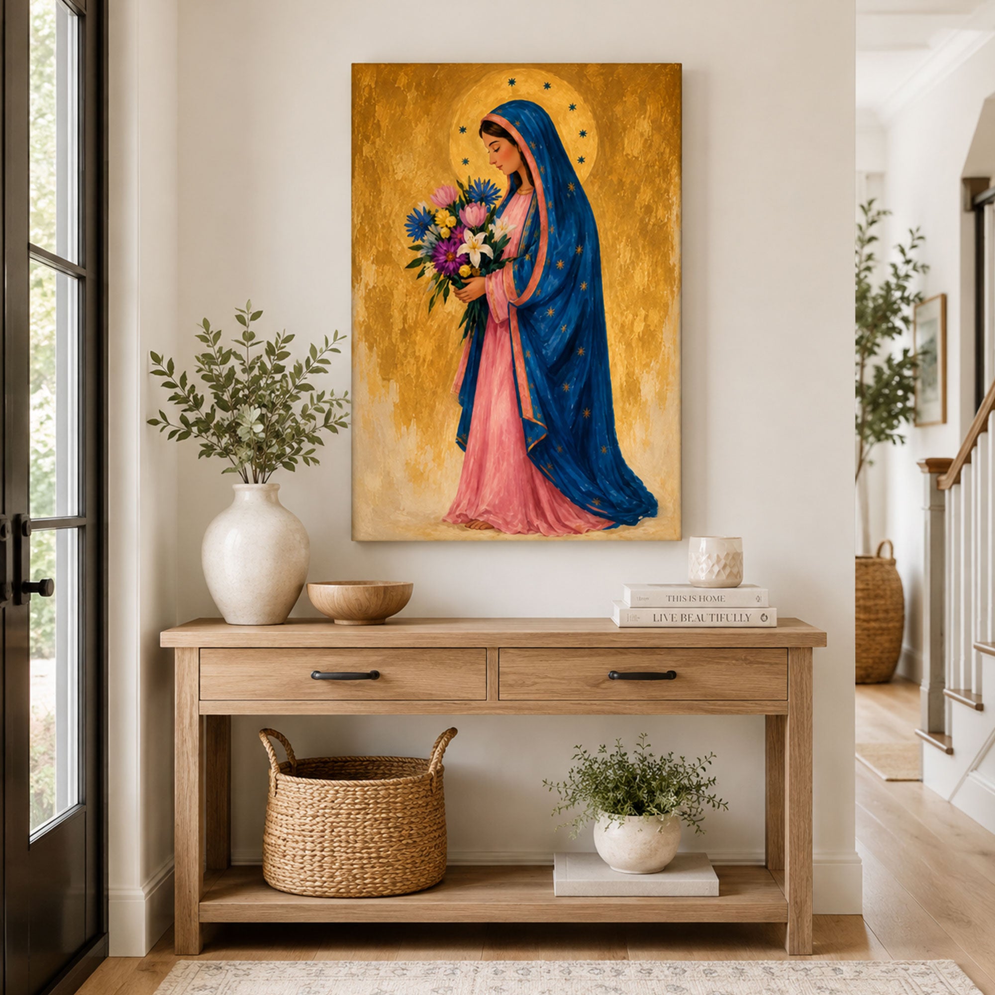 Virgin Mary with Flowers Canvas Print, Catholic Wall Decor, Marian Faith Gift