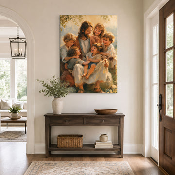 Jesus with Children Canvas Print, Let the Little Children Come to Me Matthew 19:14 Christian Wall Decor