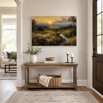 Jesus Walking Through the Wildflower Valley Canvas Print, Sunset Christian Decor
