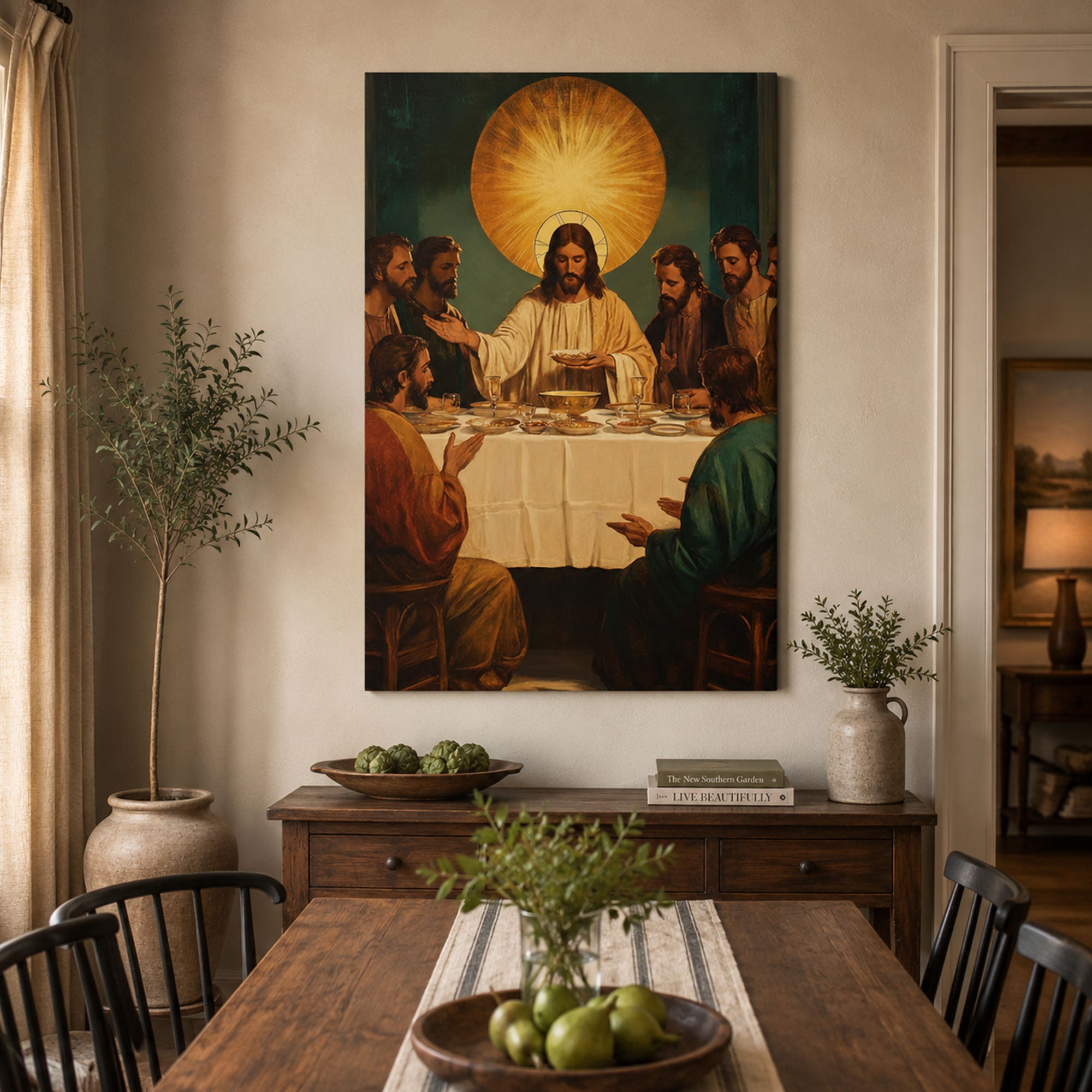 Institution of the Eucharist Last Supper Canvas Print, Glowing Art Deco Christian Wall Art, Large Faith Home Decor