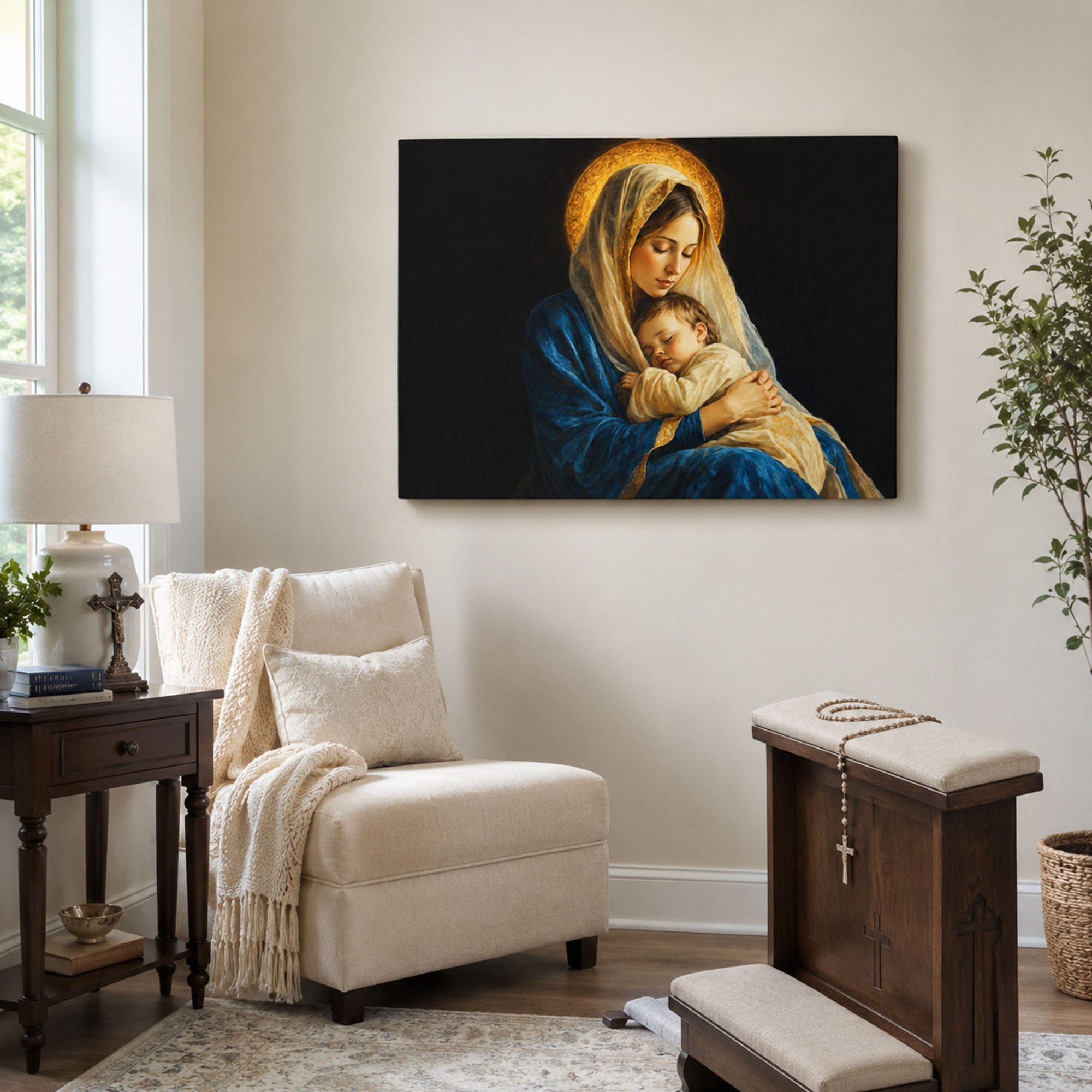 Virgin Mary Holding Sleeping Baby Jesus Canvas Print, Catholic Home Decor