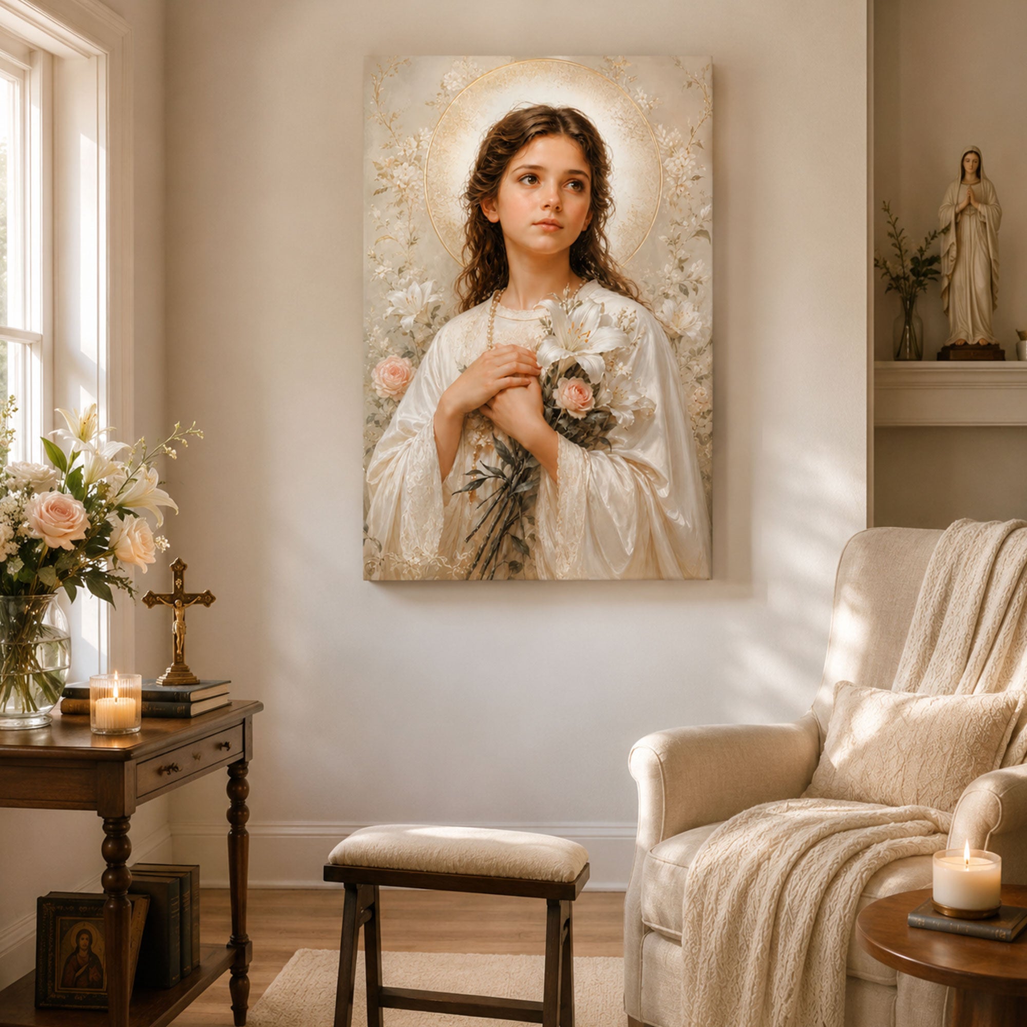 Saint Maria Goretti Canvas Print, Catholic Young Saint Wall Art, Lily and Rose Faith Home Decor Gift