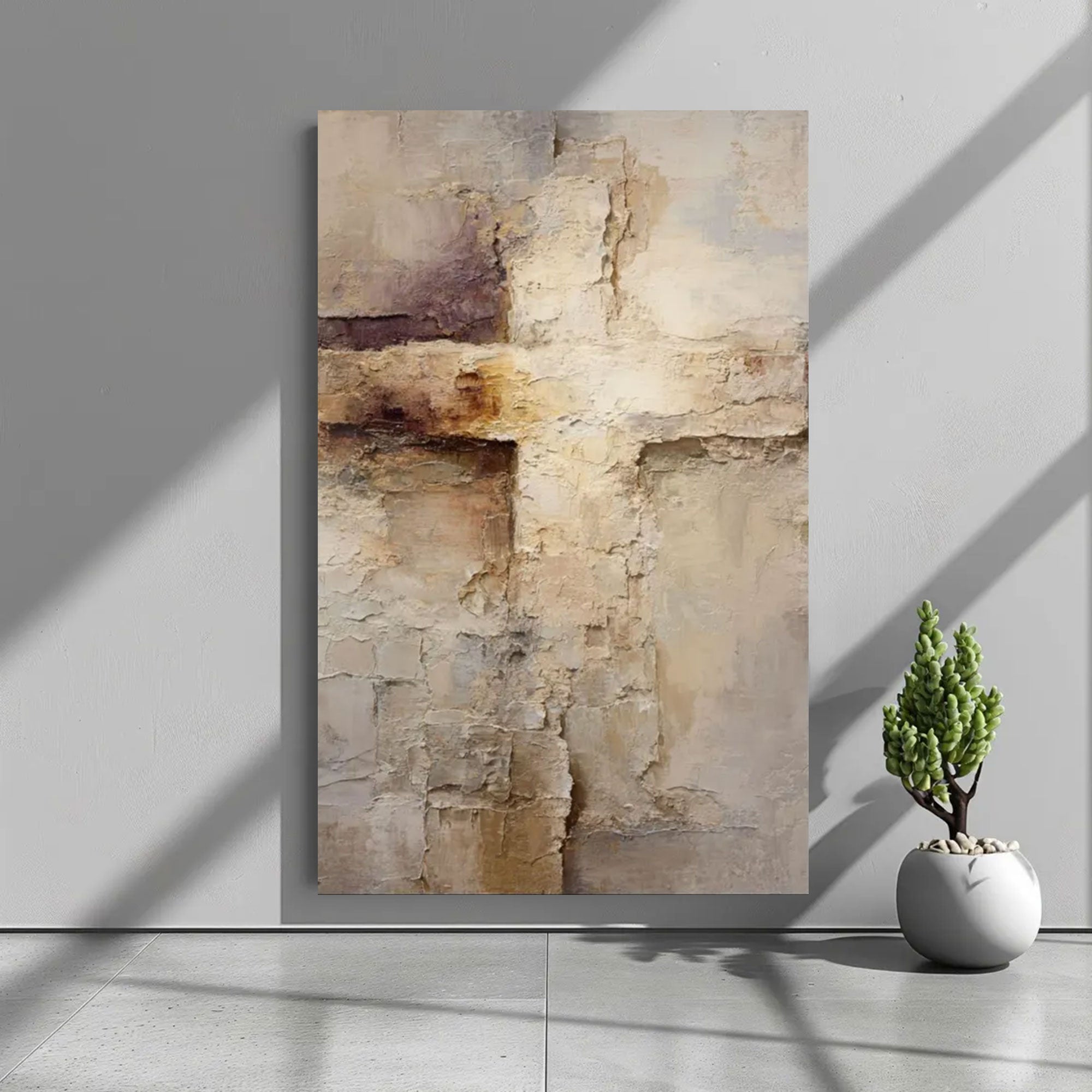 Abstract Neutral Cross Canvas Print, Rustic Textured Christian Wall Art, Faith Based Home Decor, Modern Religious Artwork, Inspirational Spiritual Gift
