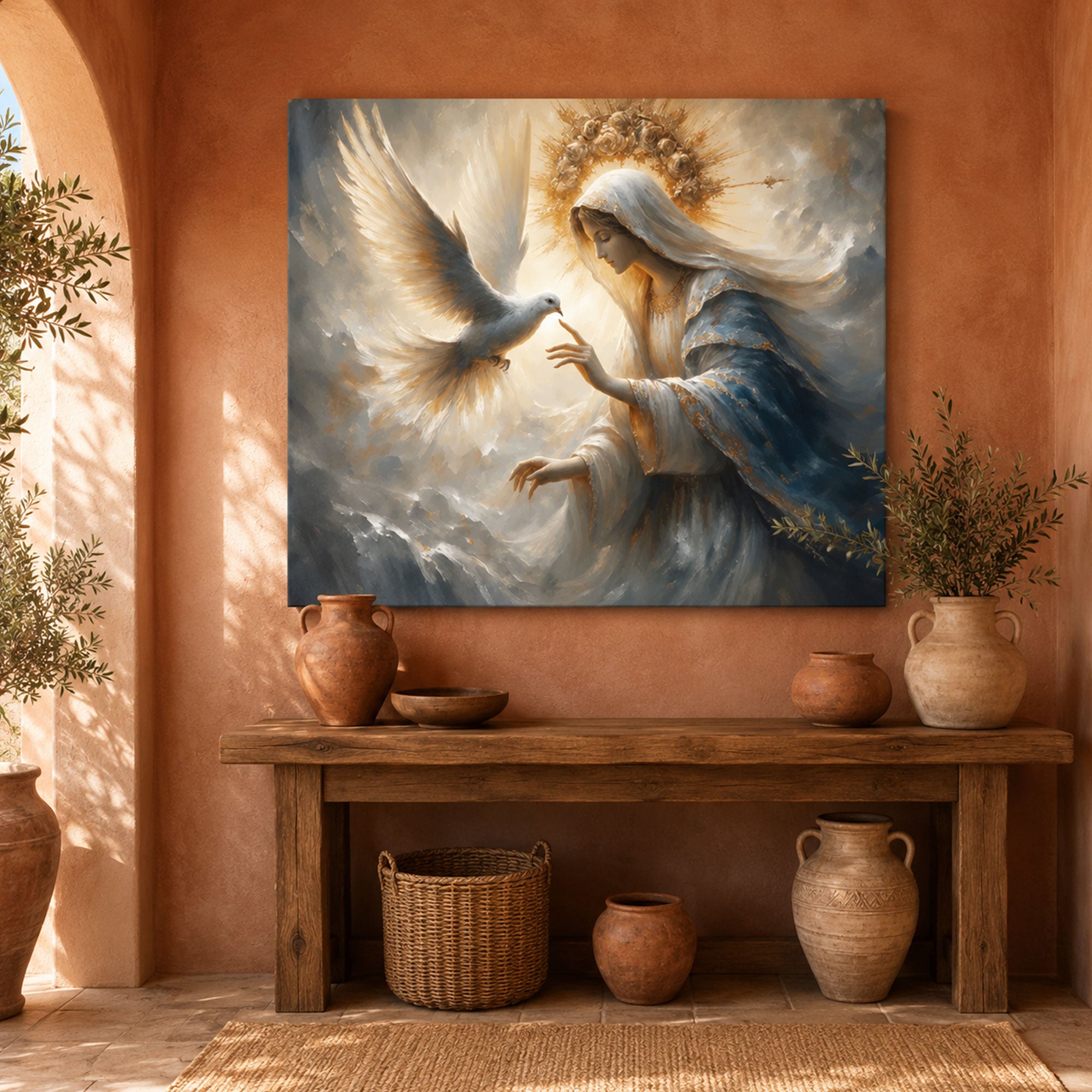 Virgin Mary and Holy Spirit Dove Canvas Art, Heavenly Christian Wall Decor, Divine Peace Religious Artwork