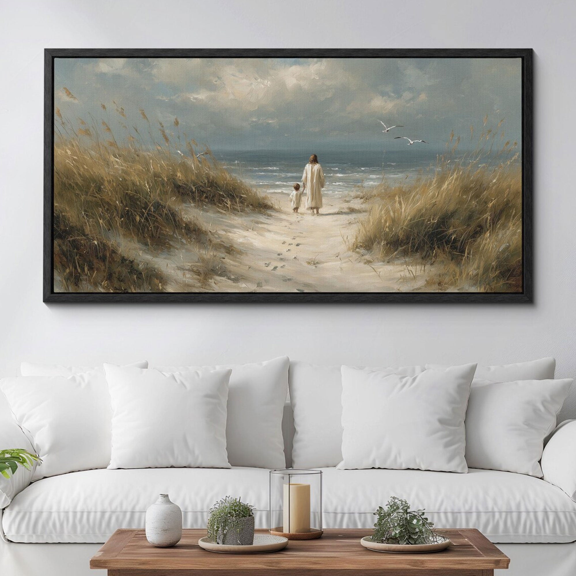 Jesus and Child Beach Canvas Print, Christian Coastal Wall Art, Faith Family Decor, Biblical Gift