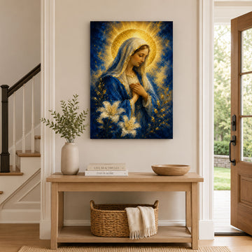 Blessed Virgin Mary with Lilies Canvas Print, Blue and Gold Catholic Marian Wall Art, Faith Home Decor Gift