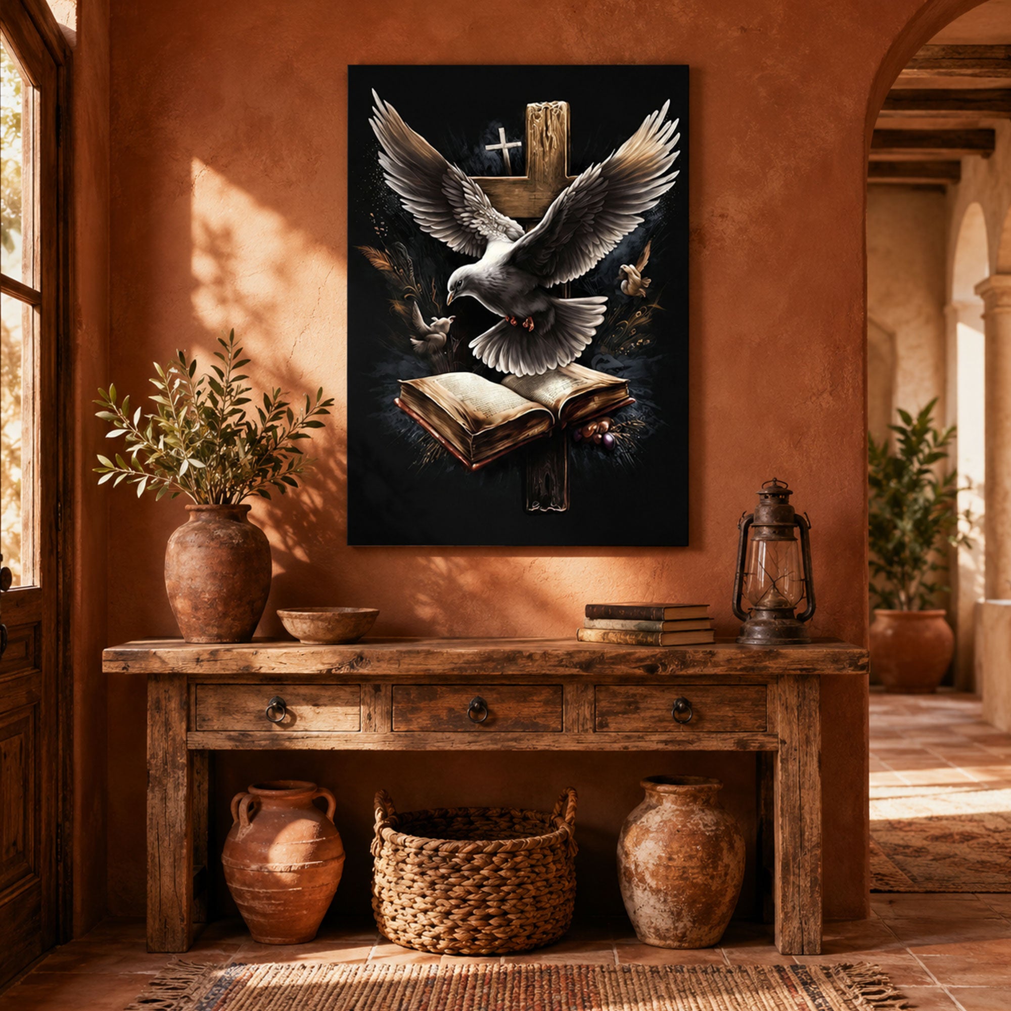 Spiritual Dove with Open Bible Canvas Art, Cross Christian Wall Decor, Inspirational Faith Religious Artwork
