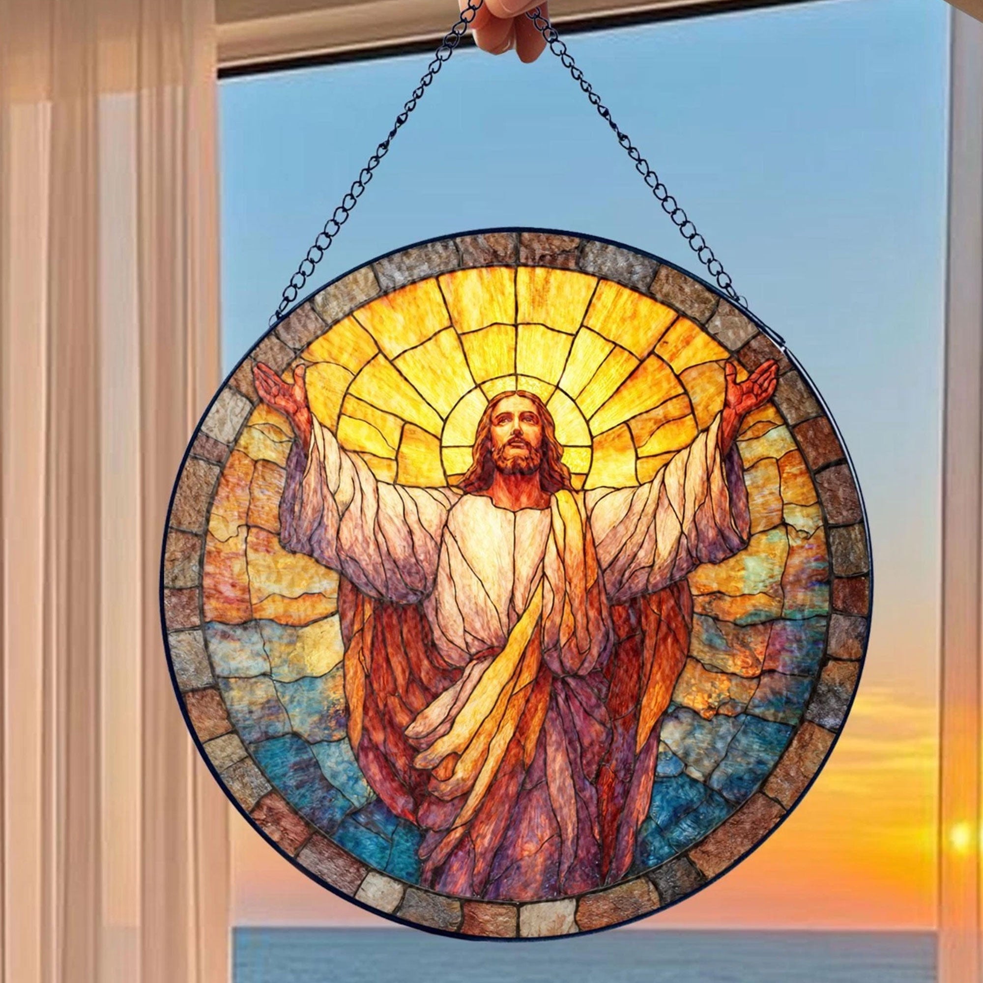 Jesus Stained Glass Suncatcher, Christian Window Hanging Decor, Radiant Faith Blessing Art, Religious Home Gift