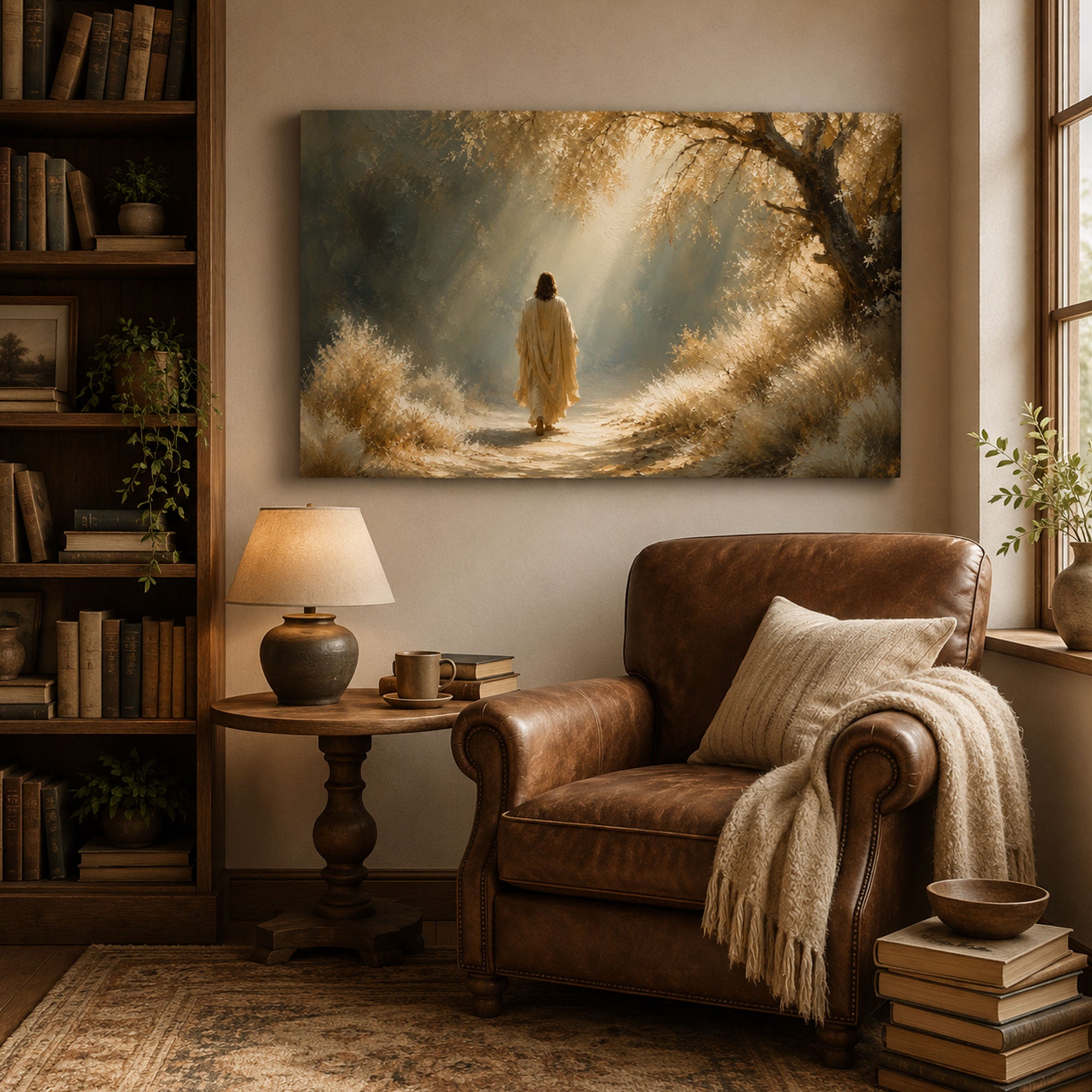 Jesus Walking Through Light Canvas Print, Peaceful Christian Wall Art, Path of Faith Home Decor
